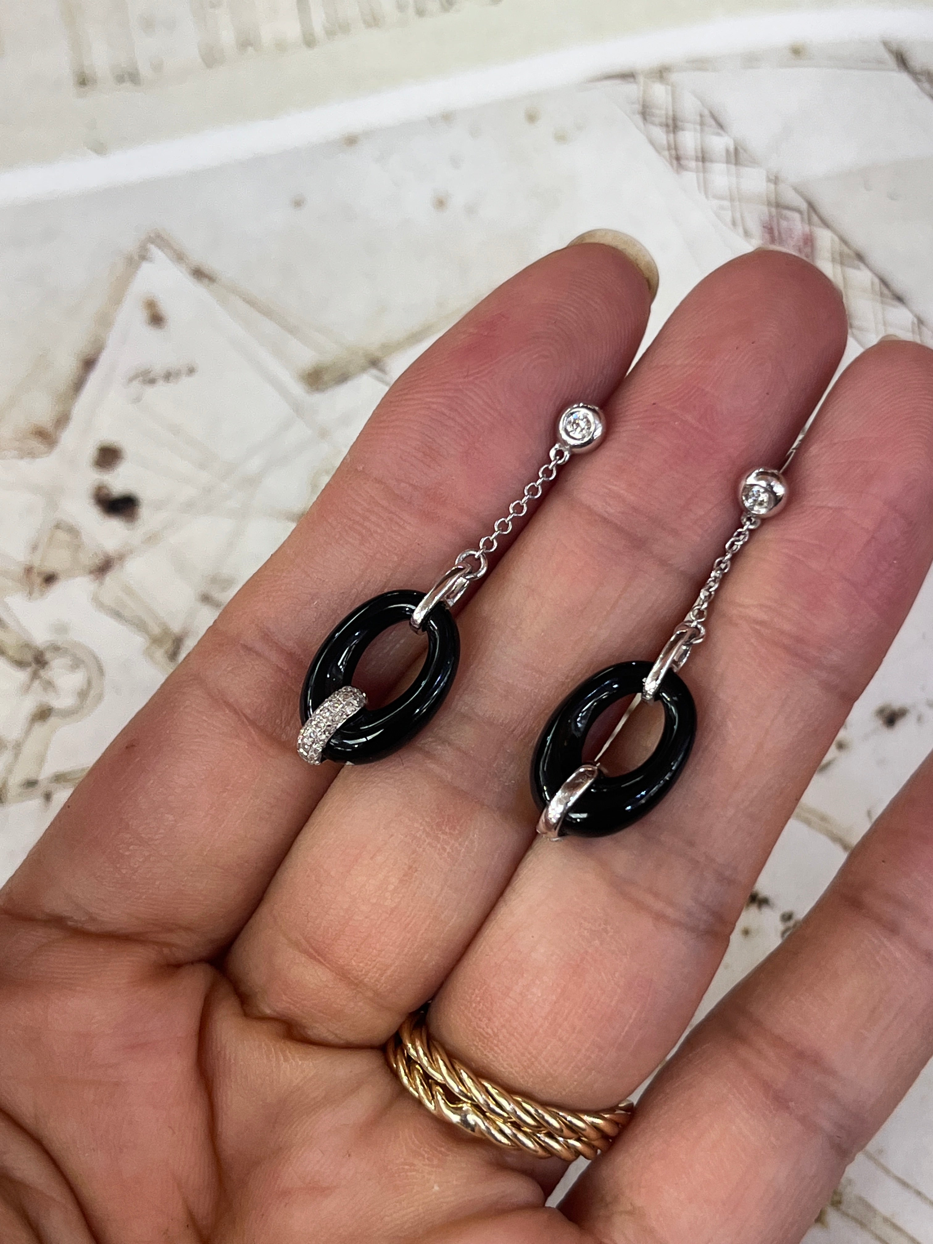 Vintage 14K White Gold Onyx Diamond Dangling Earrings