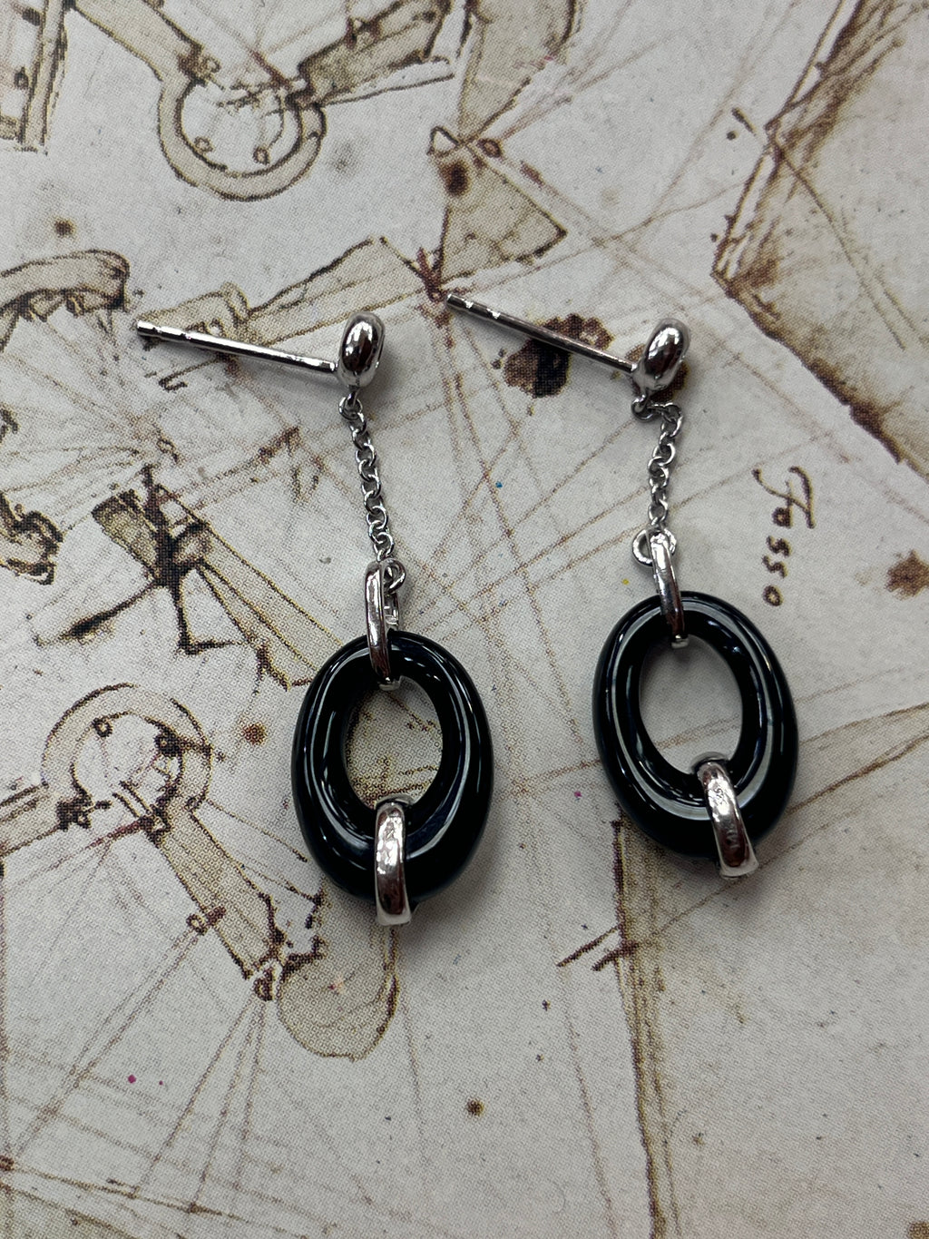 Vintage 14K White Gold Onyx Diamond Dangling Earrings