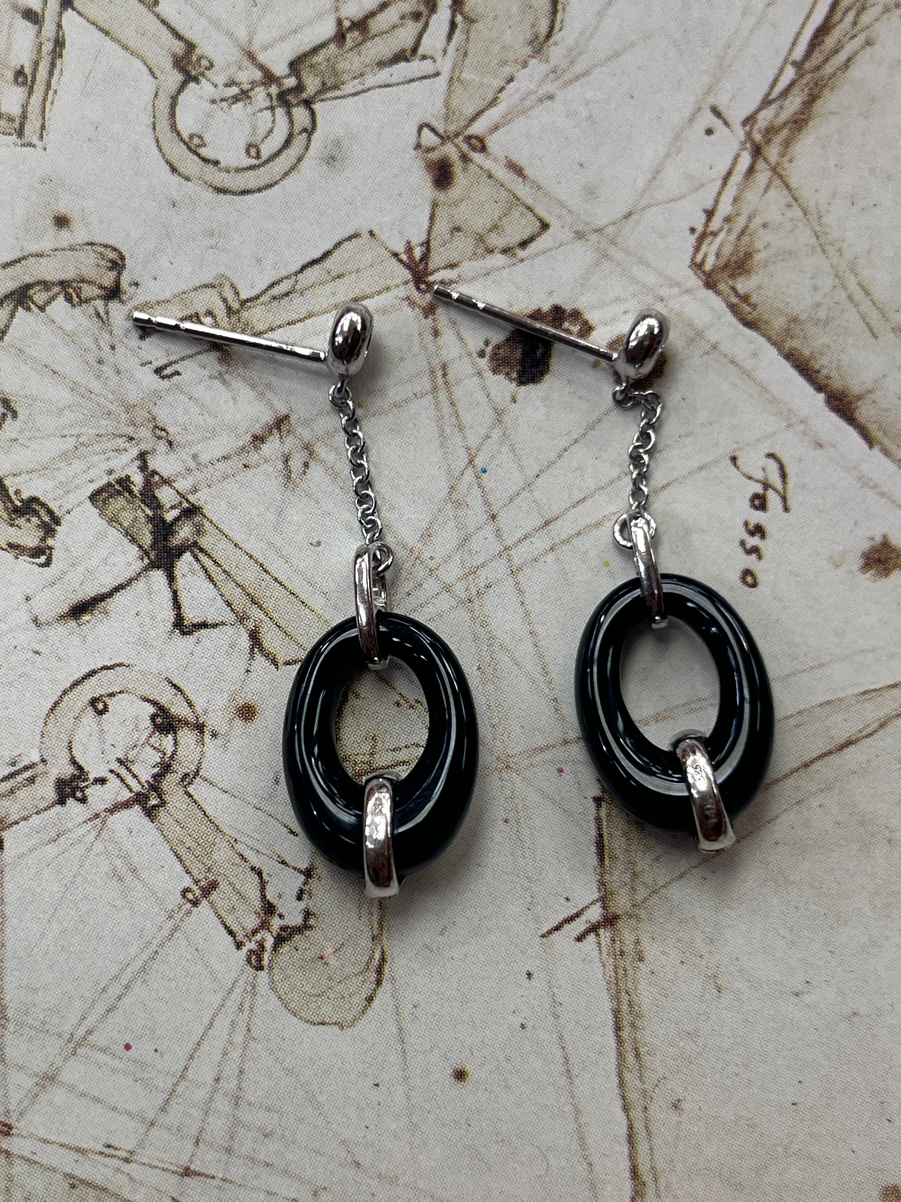Vintage 14K White Gold Onyx Diamond Dangling Earrings