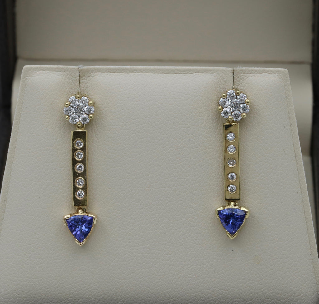 Vintage 14K Yellow Gold Tanzanite & Diamond Dangling Earrings