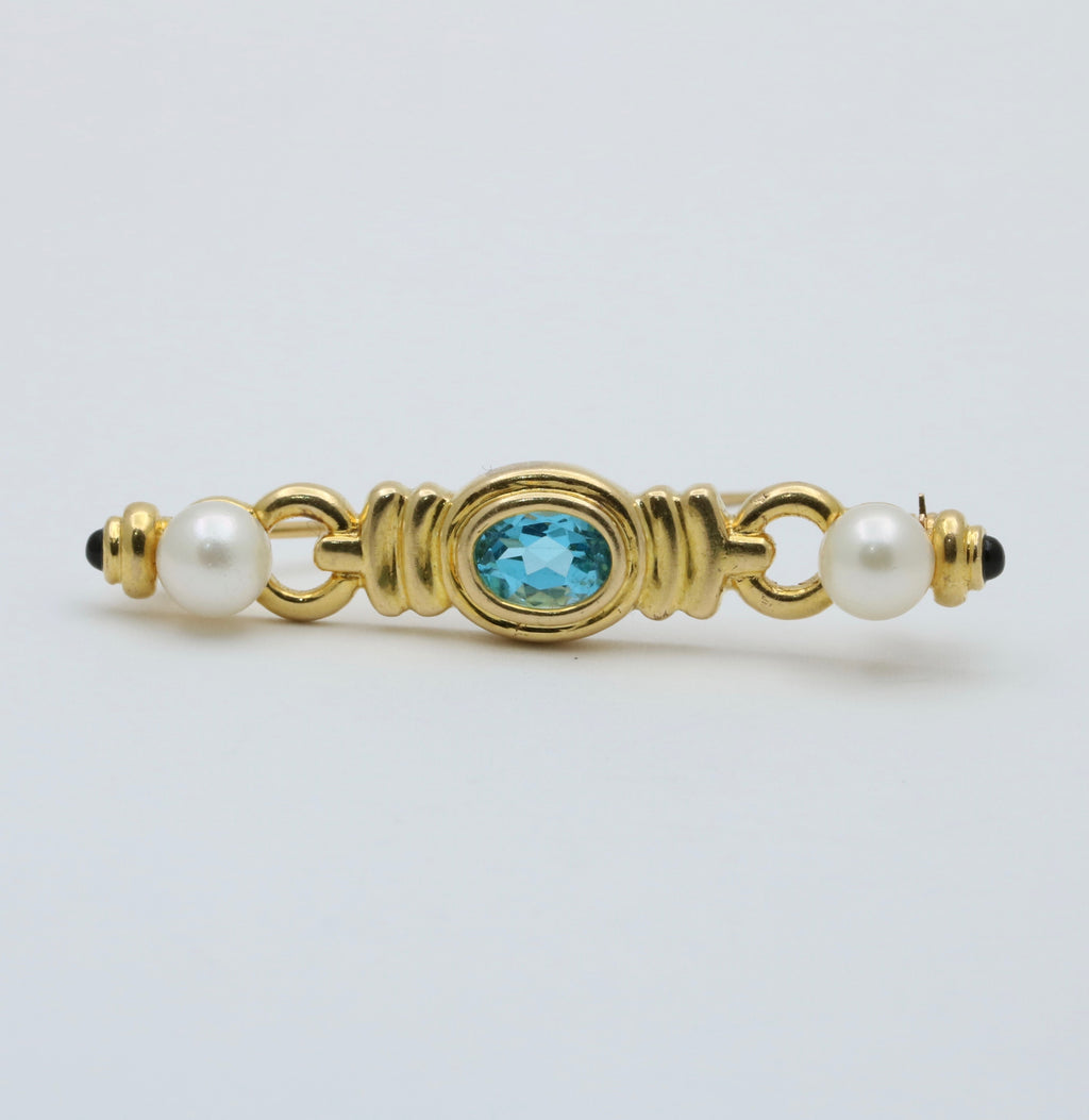 Vintage 14K Yellow Gold Pearl & Blue Zircon Bar Pin