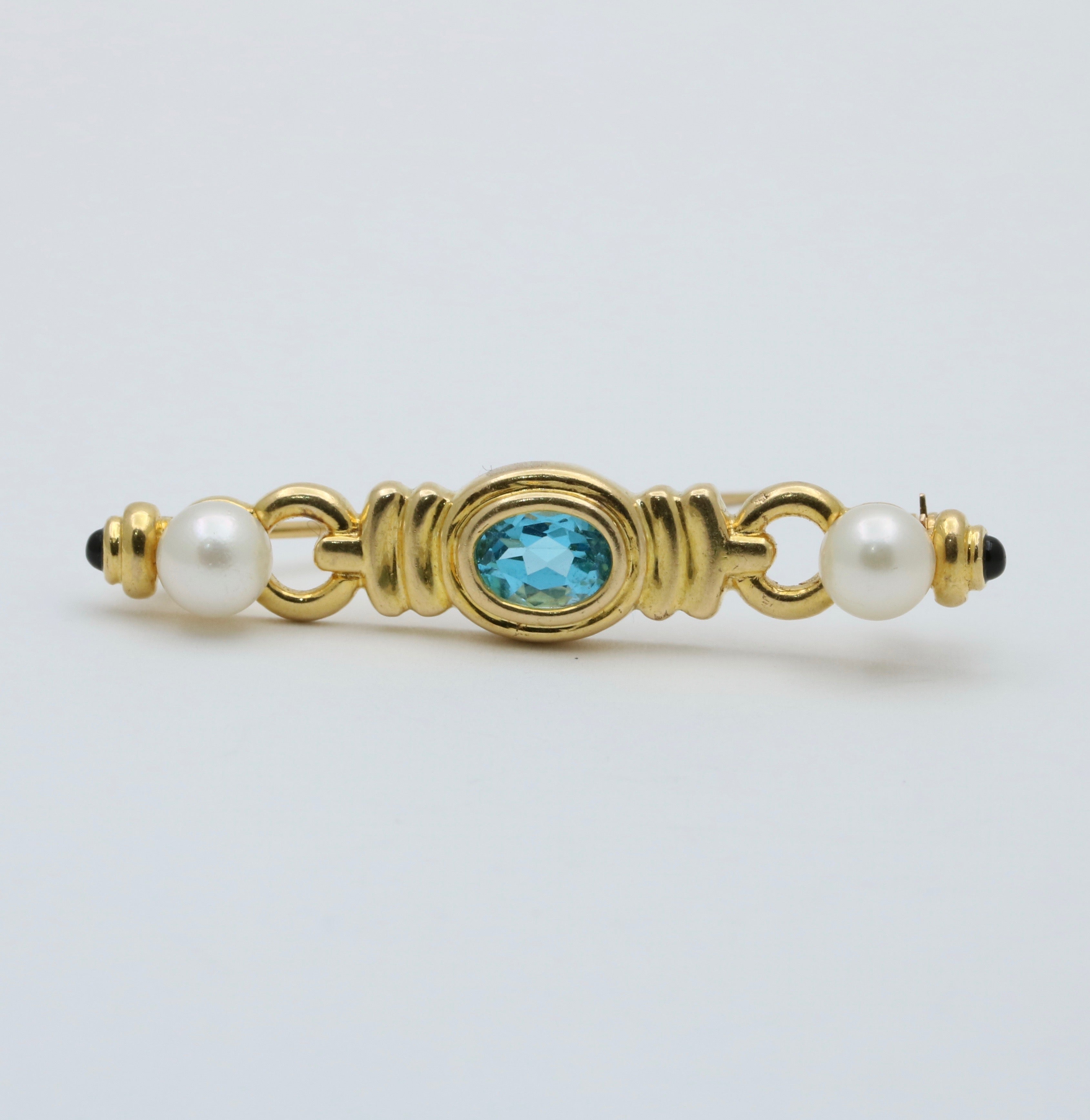 Vintage 14K Yellow Gold Pearl & Blue Zircon Bar Pin