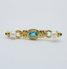 Load image into Gallery viewer, Vintage 14K Yellow Gold Pearl &amp; Blue Zircon Bar Pin
