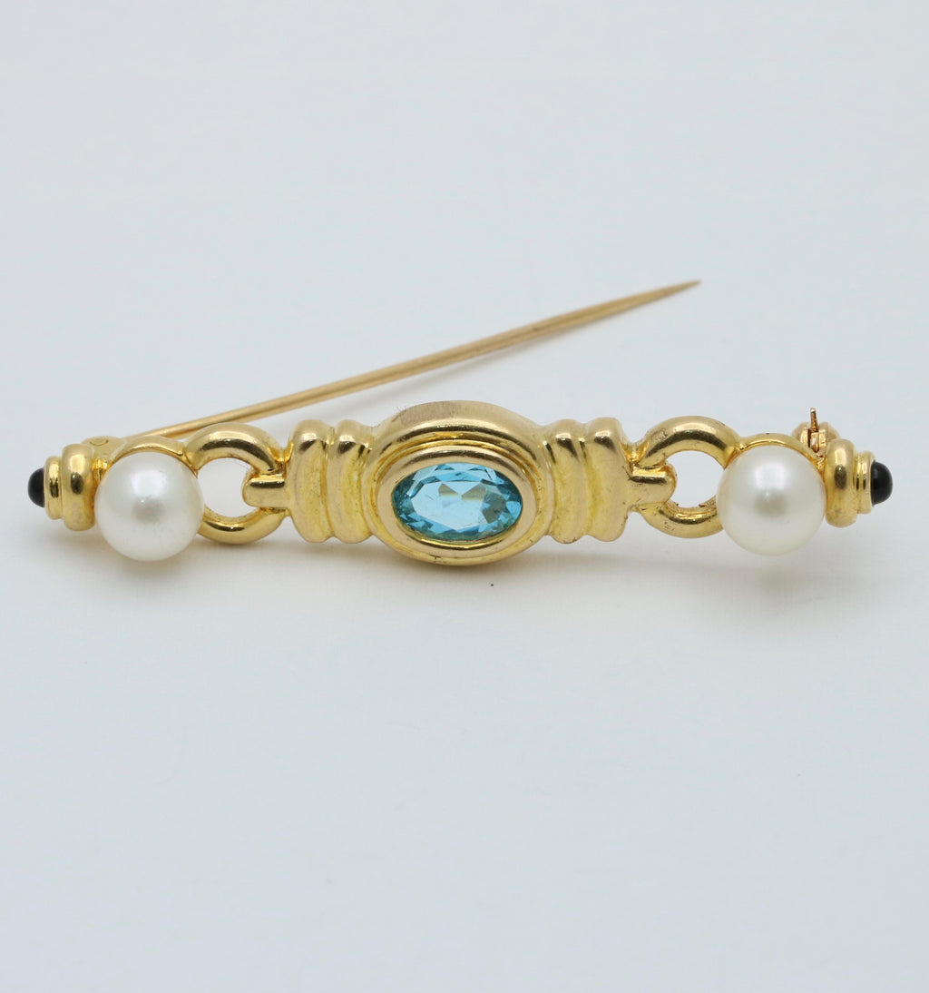 Vintage 14K Yellow Gold Pearl & Blue Zircon Bar Pin