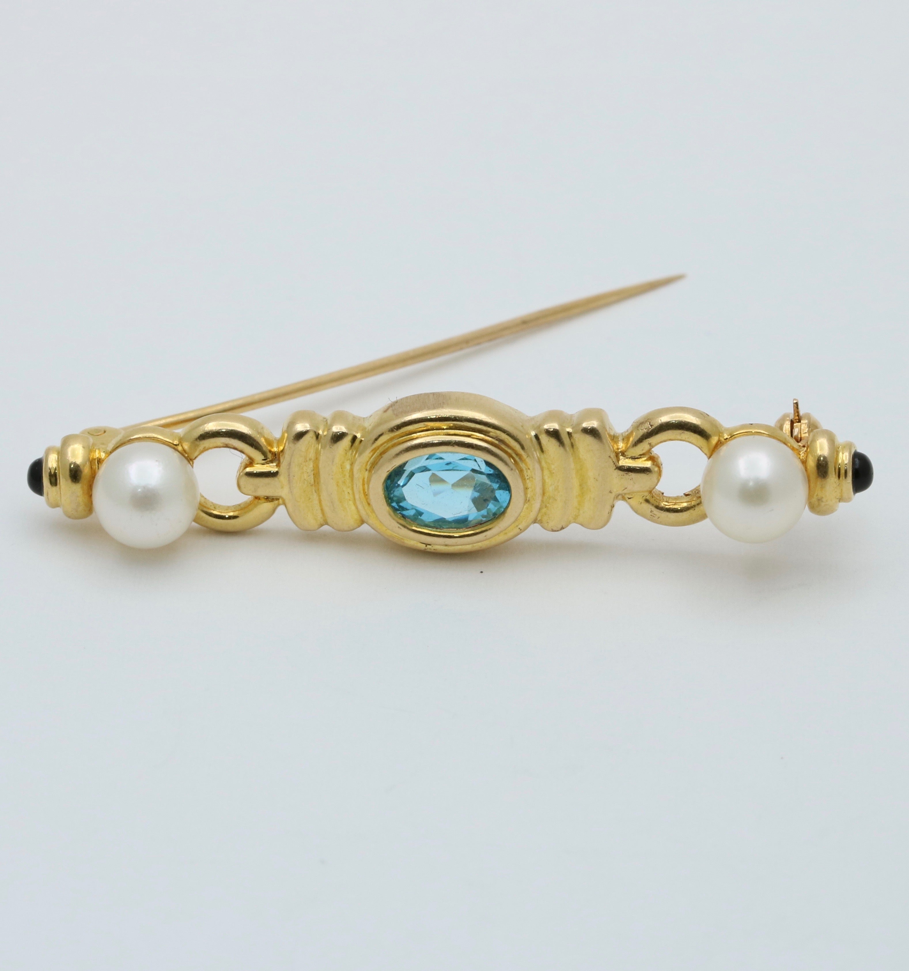 Vintage 14K Yellow Gold Pearl & Blue Zircon Bar Pin
