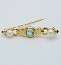 Load image into Gallery viewer, Vintage 14K Yellow Gold Pearl &amp; Blue Zircon Bar Pin

