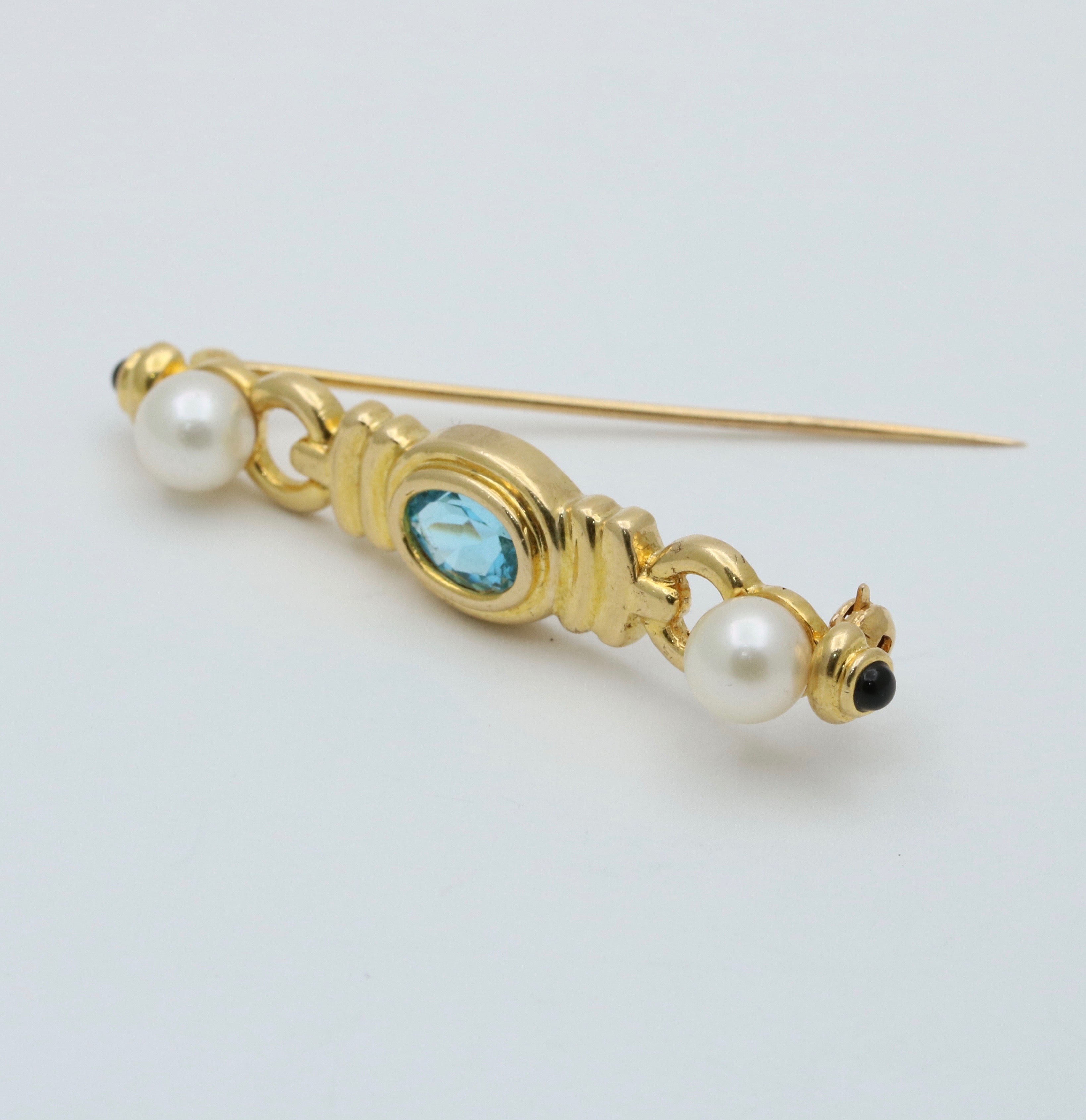 Vintage 14K Yellow Gold Pearl & Blue Zircon Bar Pin