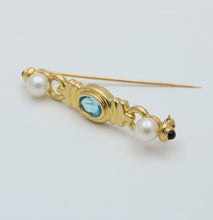 Load image into Gallery viewer, Vintage 14K Yellow Gold Pearl &amp; Blue Zircon Bar Pin
