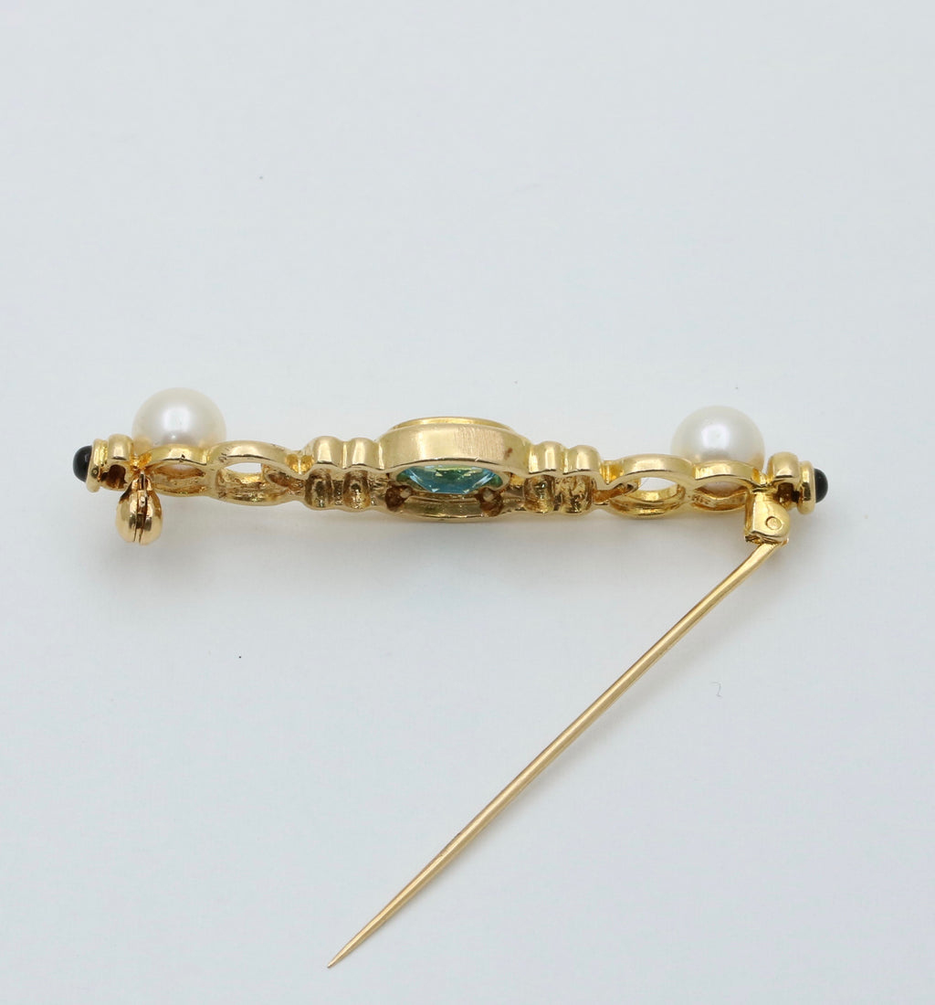 Vintage 14K Yellow Gold Pearl & Blue Zircon Bar Pin