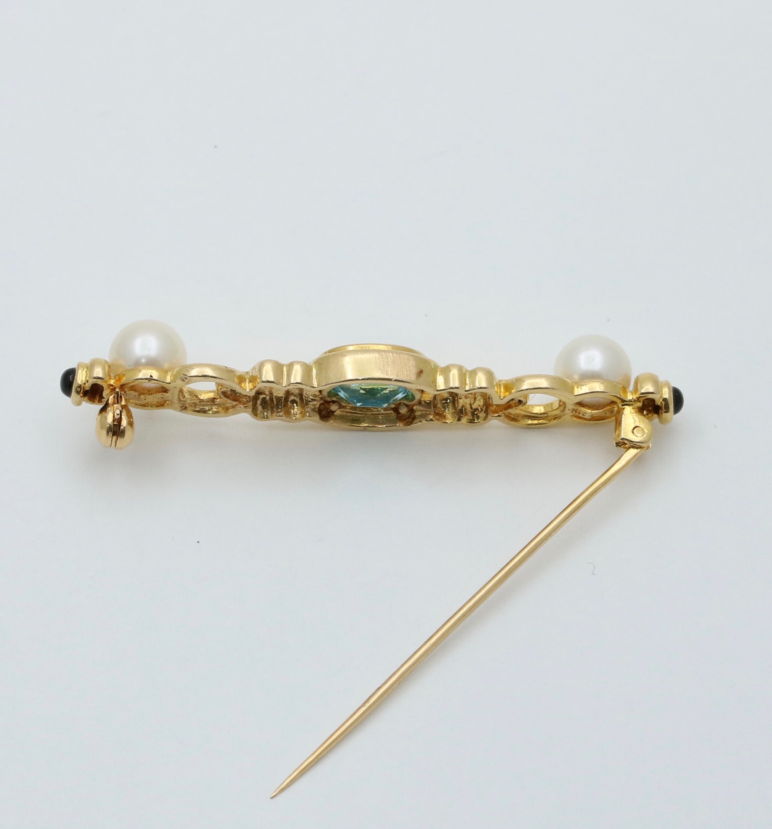 Vintage 14K Yellow Gold Pearl & Blue Zircon Bar Pin