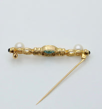 Load image into Gallery viewer, Vintage 14K Yellow Gold Pearl &amp; Blue Zircon Bar Pin
