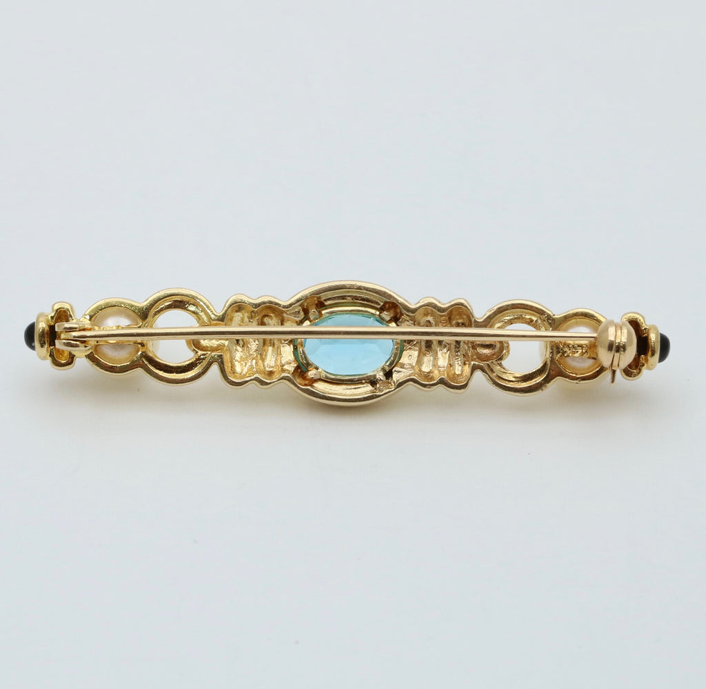 Vintage 14K Yellow Gold Pearl & Blue Zircon Bar Pin