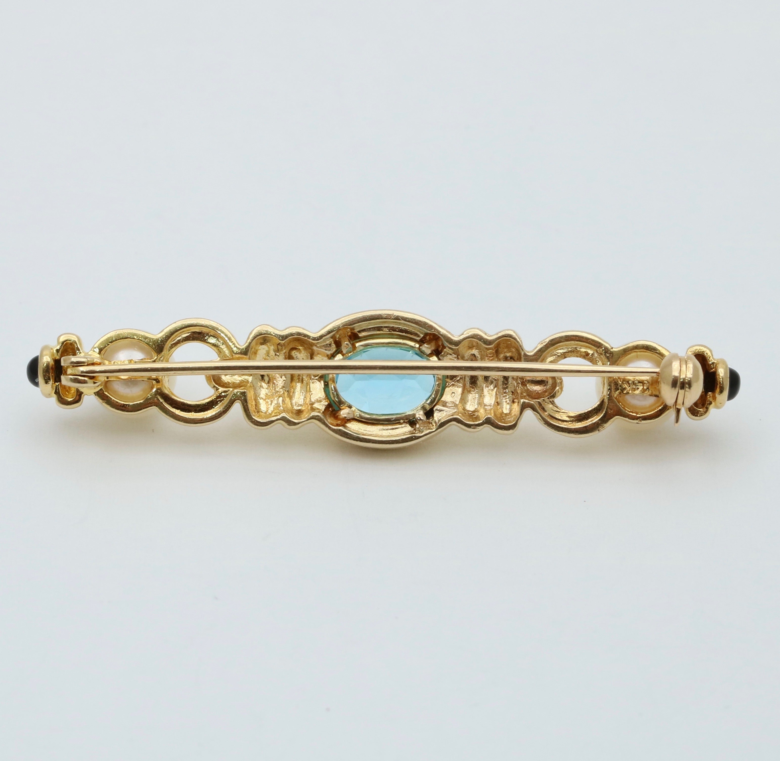 Vintage 14K Yellow Gold Pearl & Blue Zircon Bar Pin