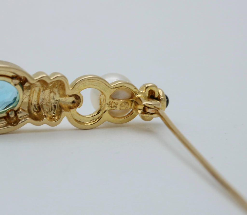 Vintage 14K Yellow Gold Pearl & Blue Zircon Bar Pin