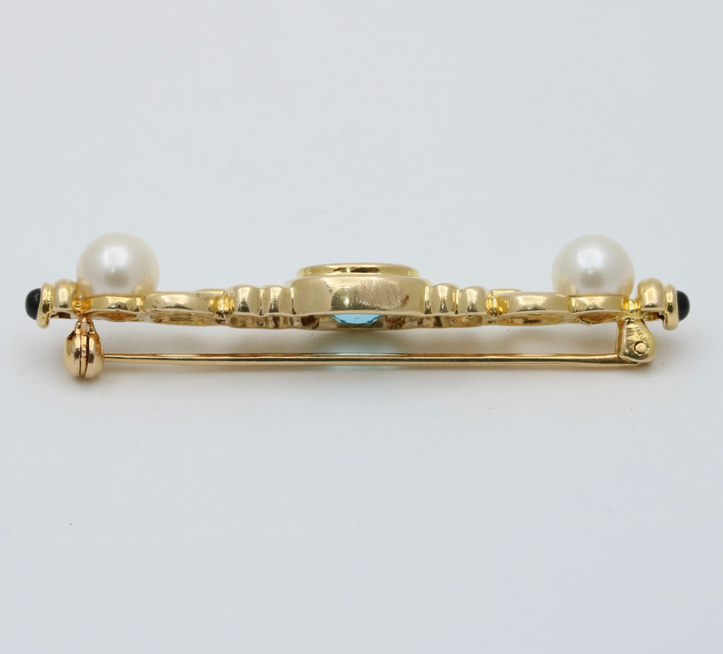 Vintage 14K Yellow Gold Pearl & Blue Zircon Bar Pin