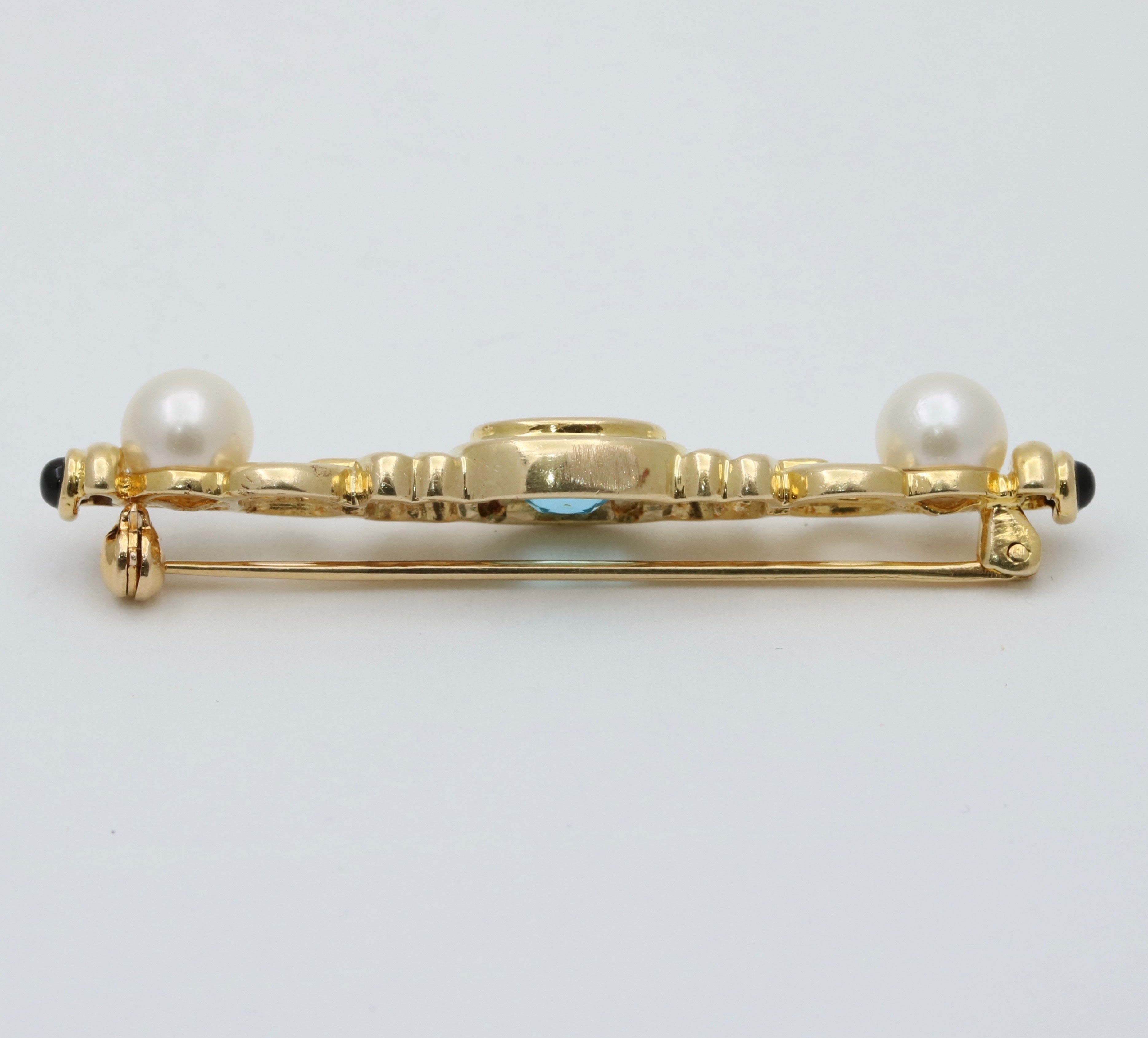 Vintage 14K Yellow Gold Pearl & Blue Zircon Bar Pin