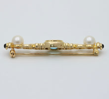 Load image into Gallery viewer, Vintage 14K Yellow Gold Pearl &amp; Blue Zircon Bar Pin
