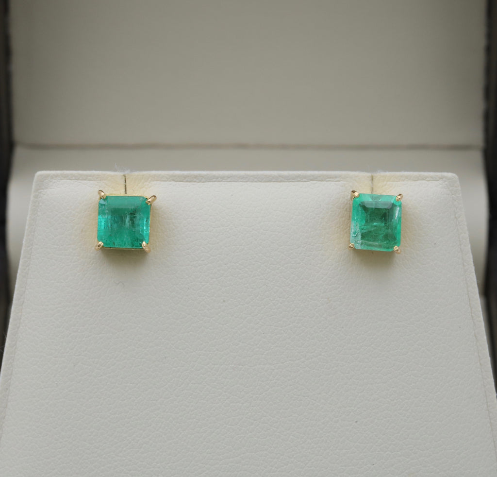 Vintage 18k Yellow Gold Square Cut Emerald Stud Earrings