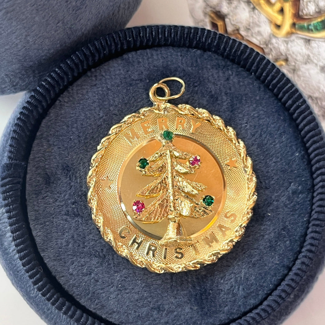 Vintage Merry Christmas 14K Yellow Gold Christmas Tree Charm Pendant