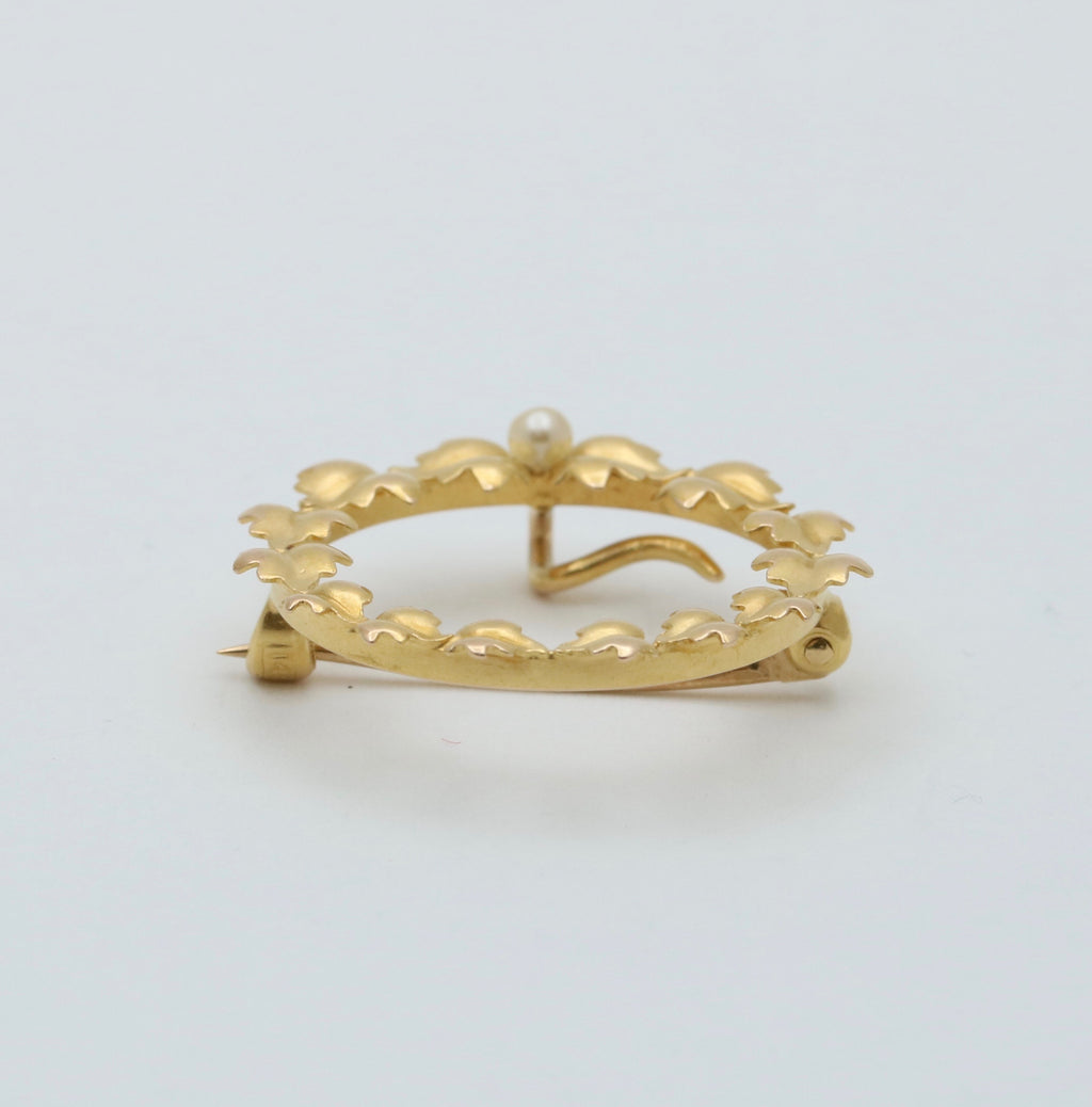 Vintage 14K Yellow Gold Wreath Pearl Brooch Pin