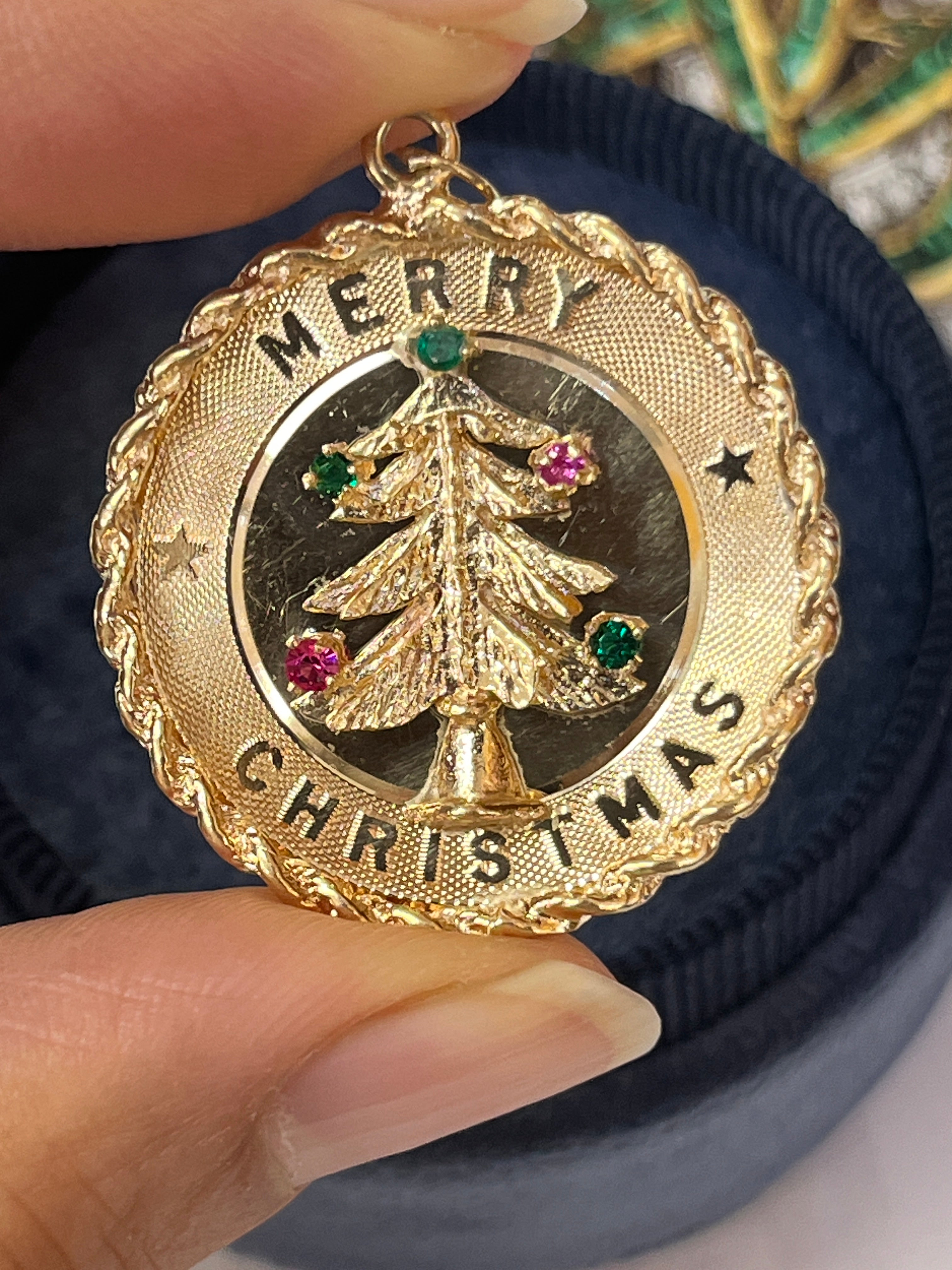 Vintage Merry Christmas 14K Yellow Gold Christmas Tree Charm Pendant