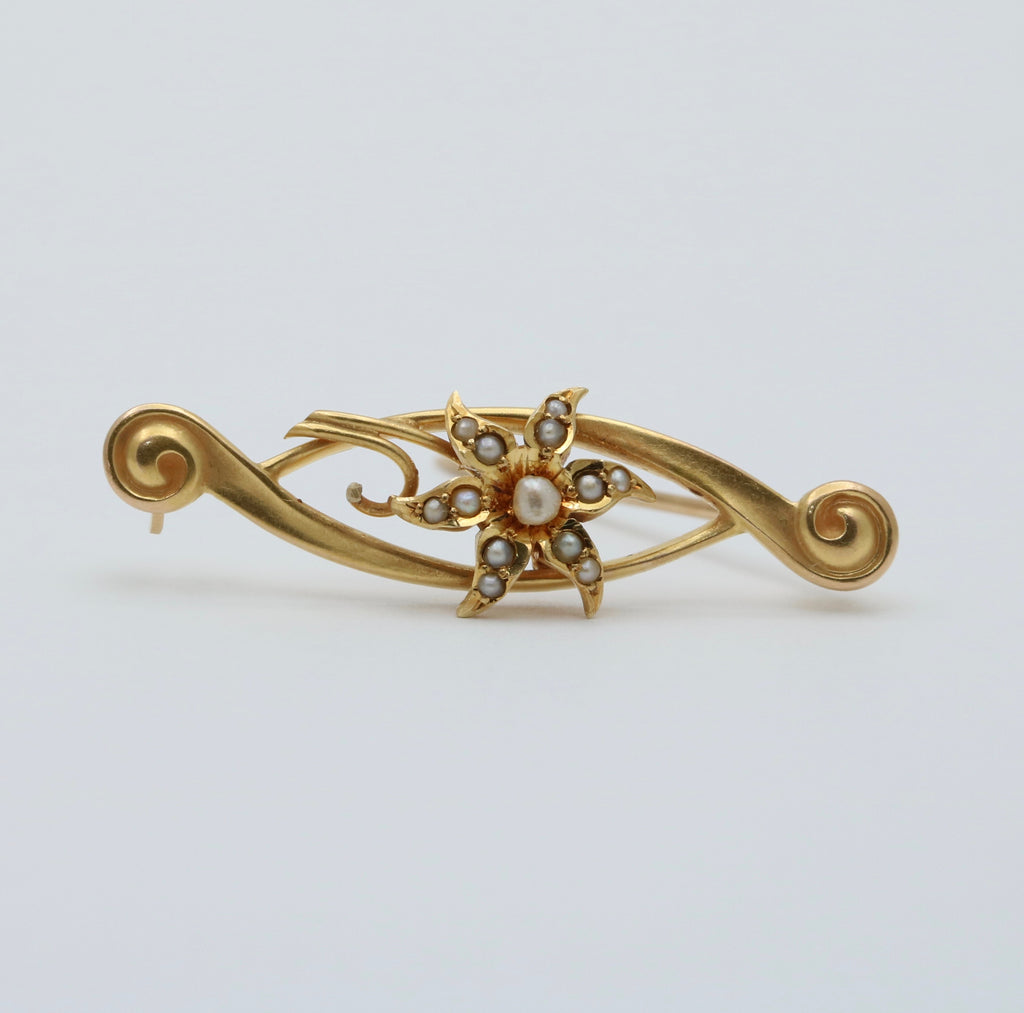 Art Nouveau 14K Yellow Gold Floral Pearl Brooch