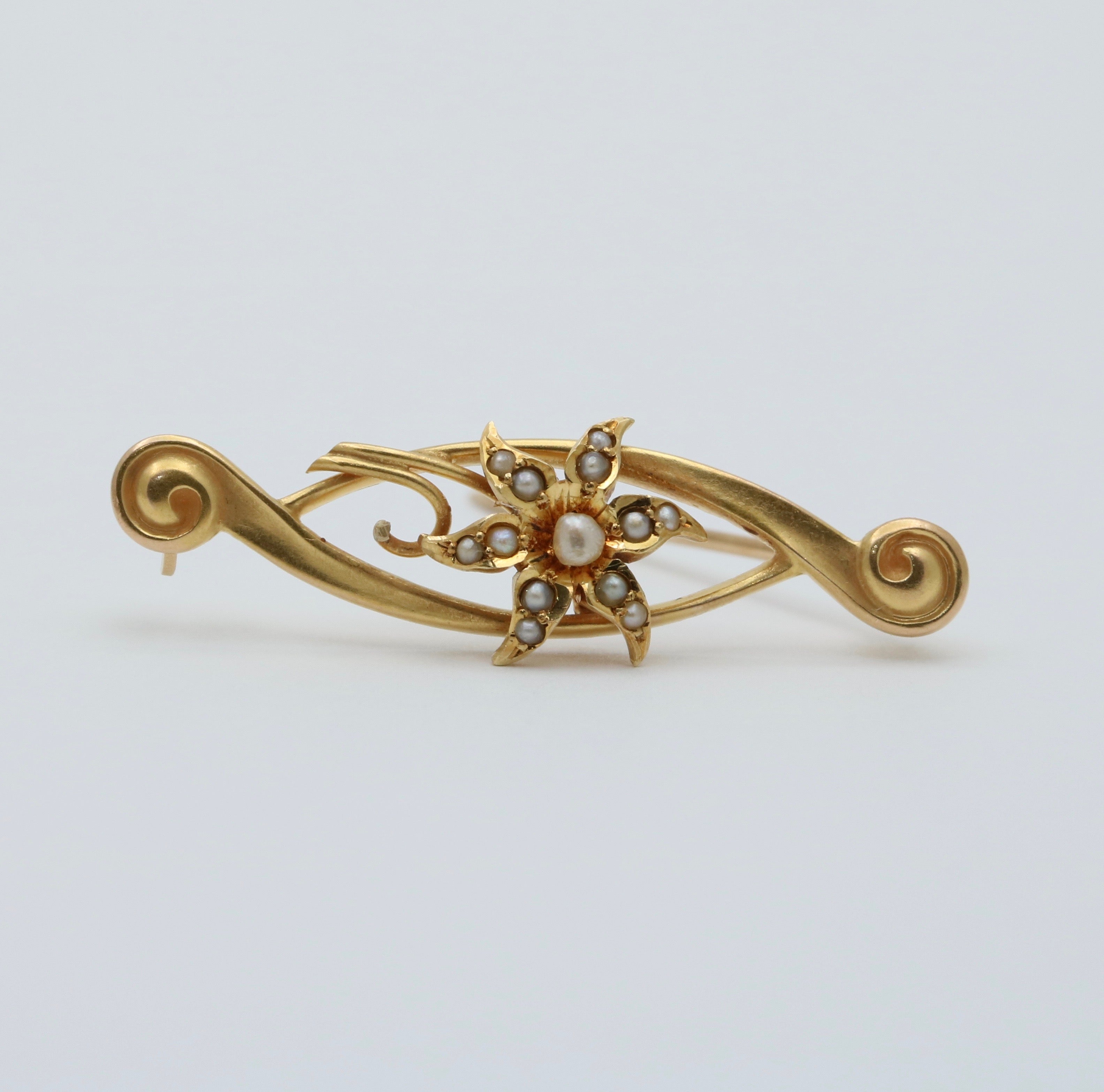 Art Nouveau 14K Yellow Gold Floral Pearl Brooch