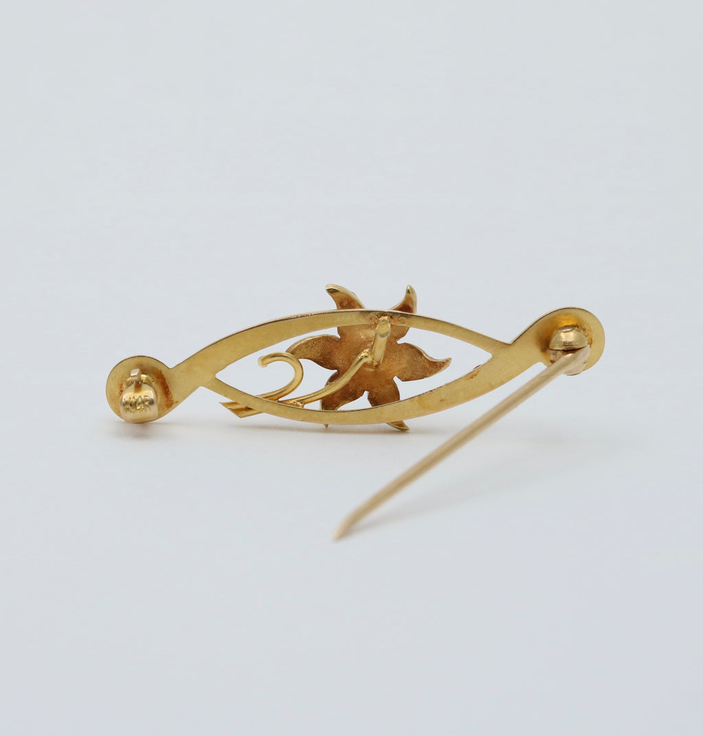 Art Nouveau 14K Yellow Gold Floral Pearl Brooch