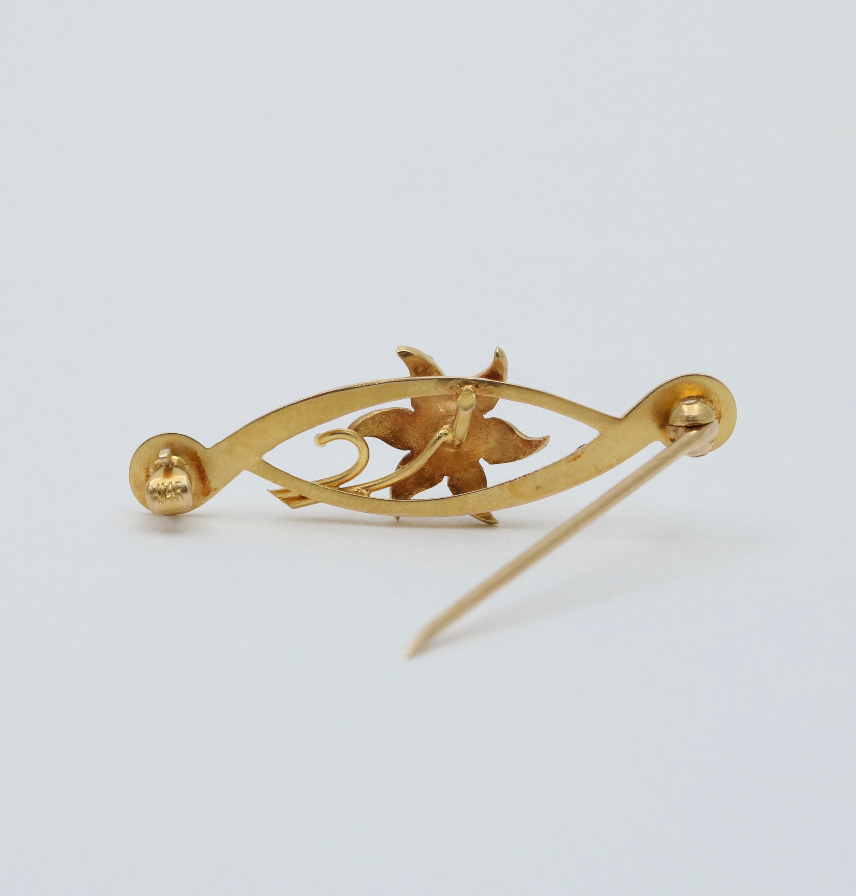 Art Nouveau 14K Yellow Gold Floral Pearl Brooch