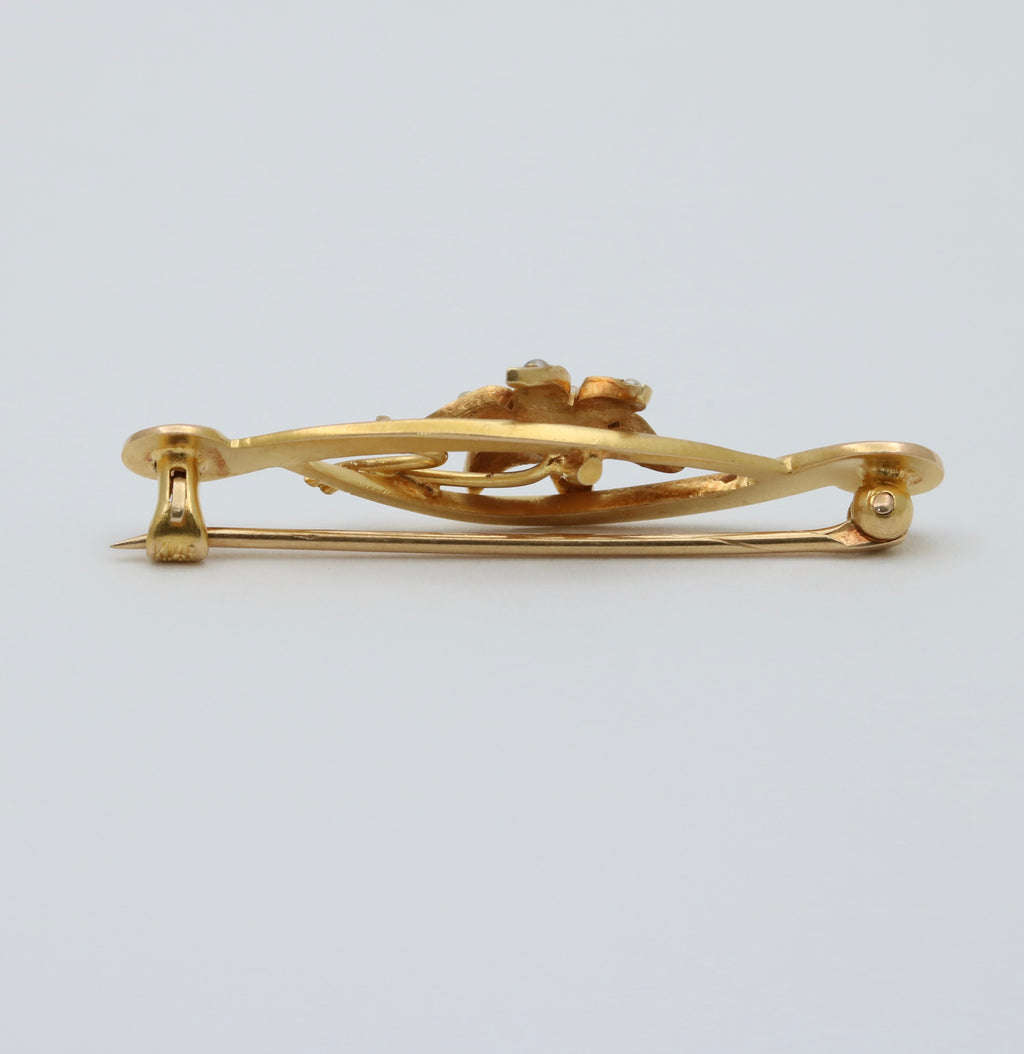 Art Nouveau 14K Yellow Gold Floral Pearl Brooch