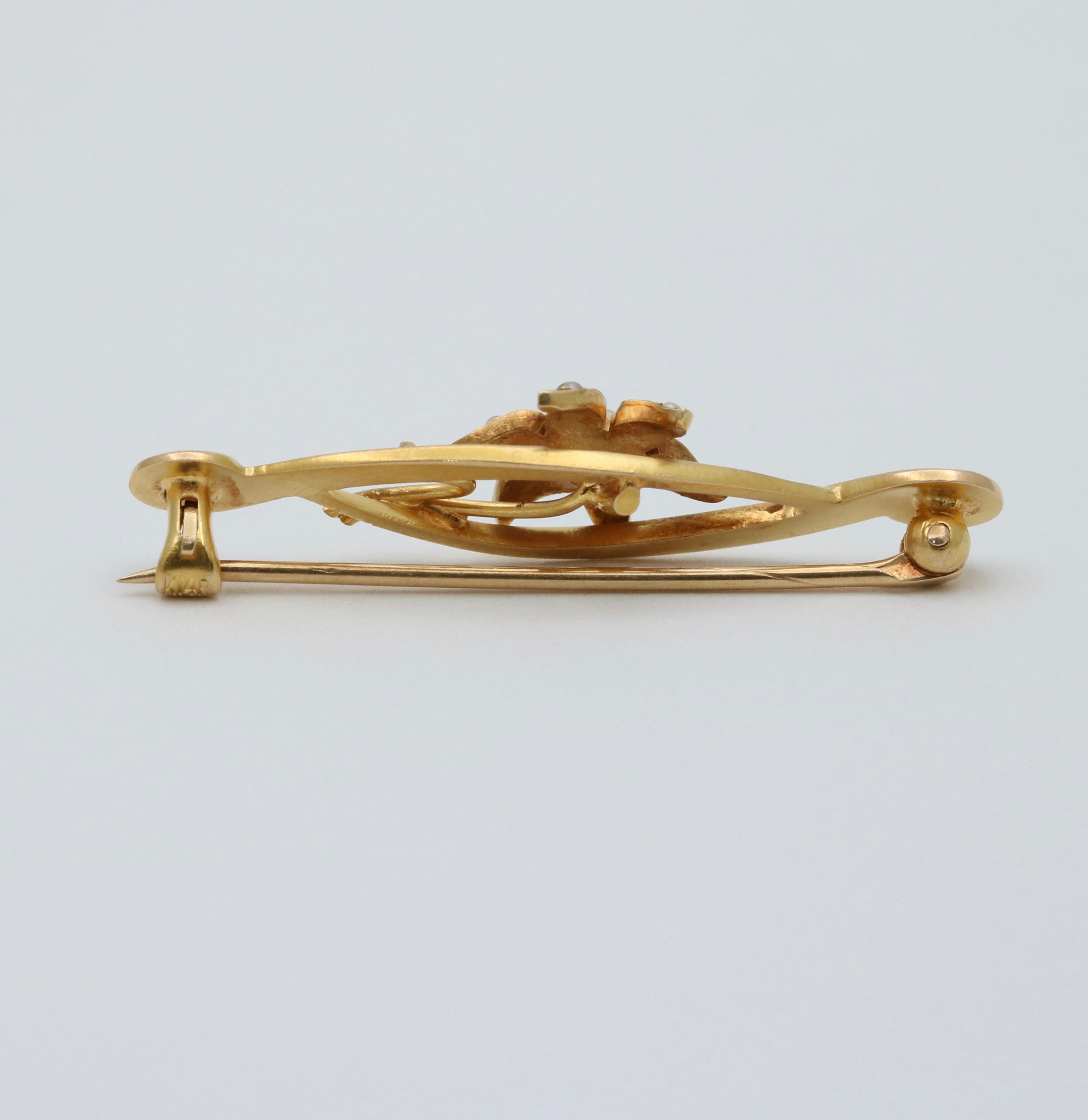 Art Nouveau 14K Yellow Gold Floral Pearl Brooch