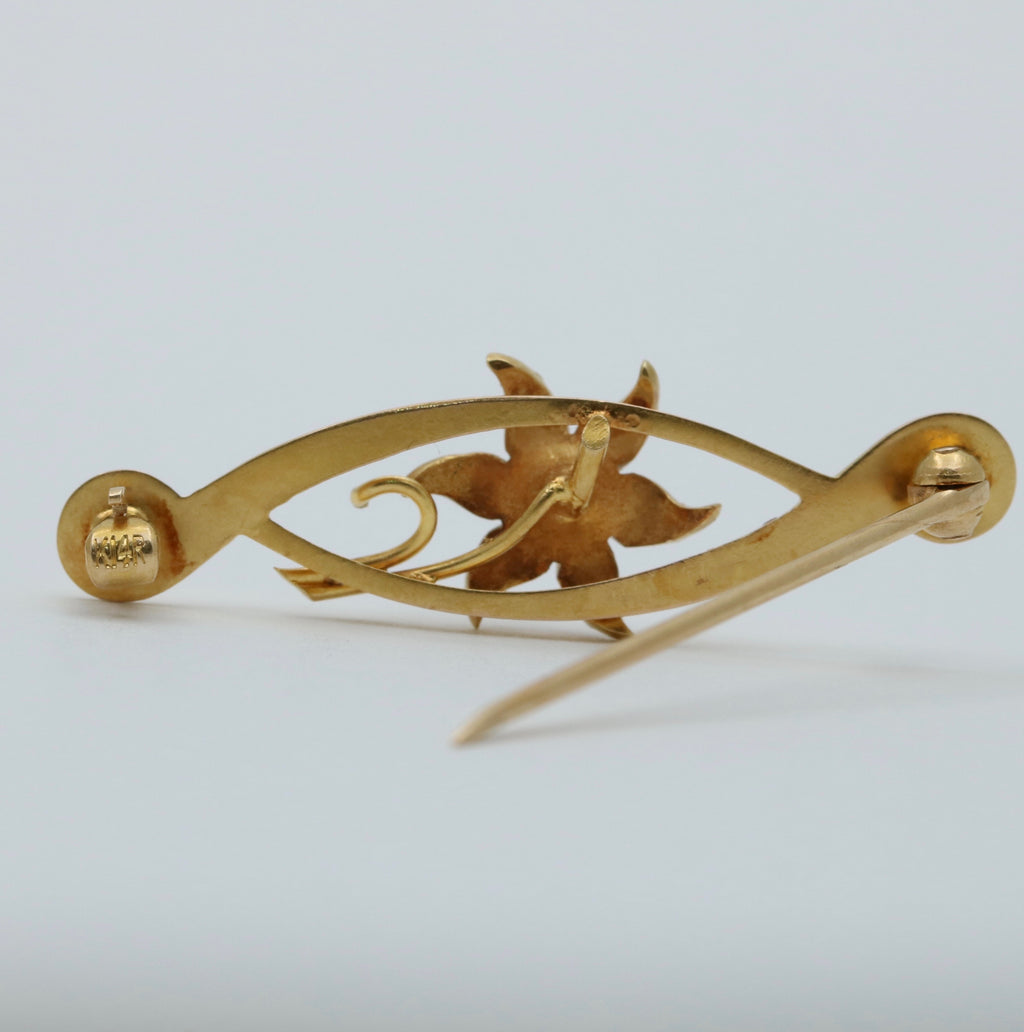 Art Nouveau 14K Yellow Gold Floral Pearl Brooch