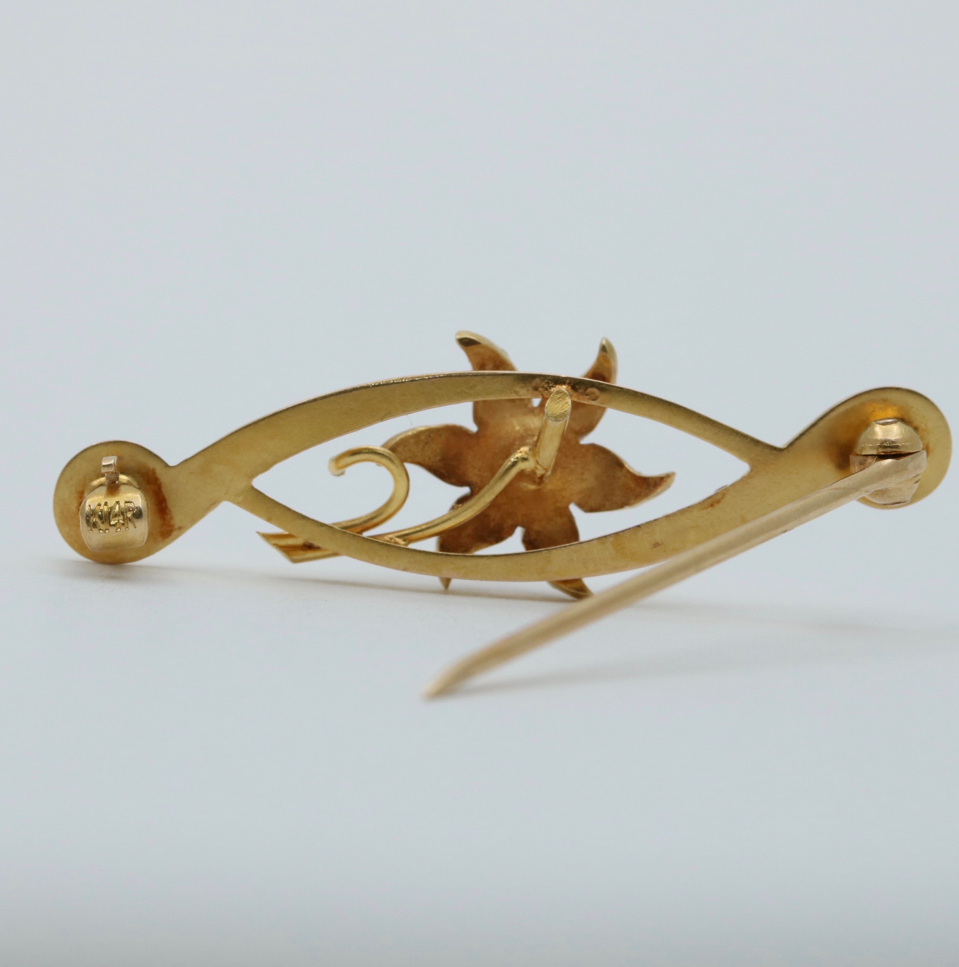 Art Nouveau 14K Yellow Gold Floral Pearl Brooch