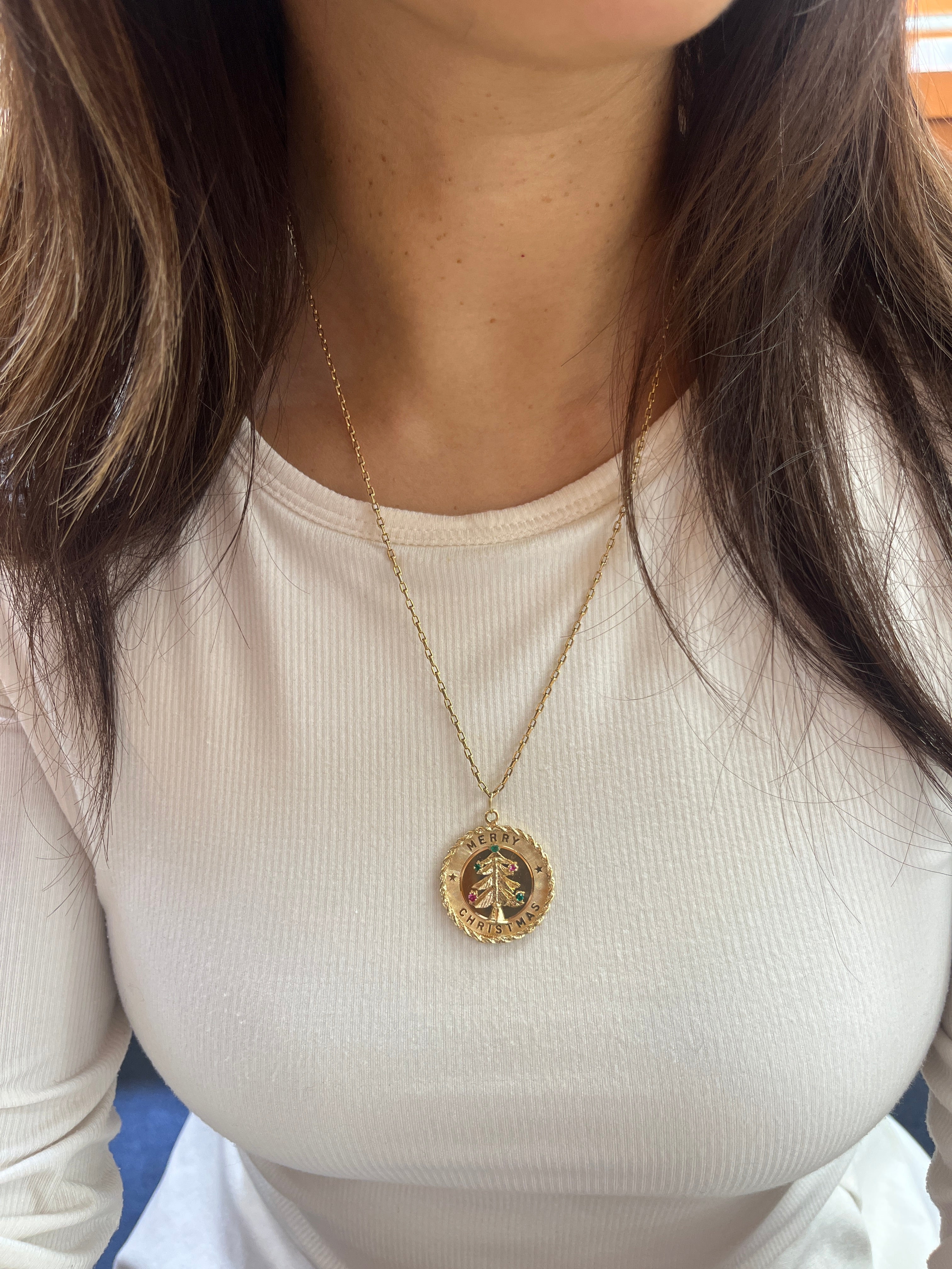 Vintage Merry Christmas 14K Yellow Gold Christmas Tree Charm Pendant