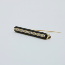 Load image into Gallery viewer, Art Deco 14K Yellow Gold Black Enamel Seed Pearl Bar Pin
