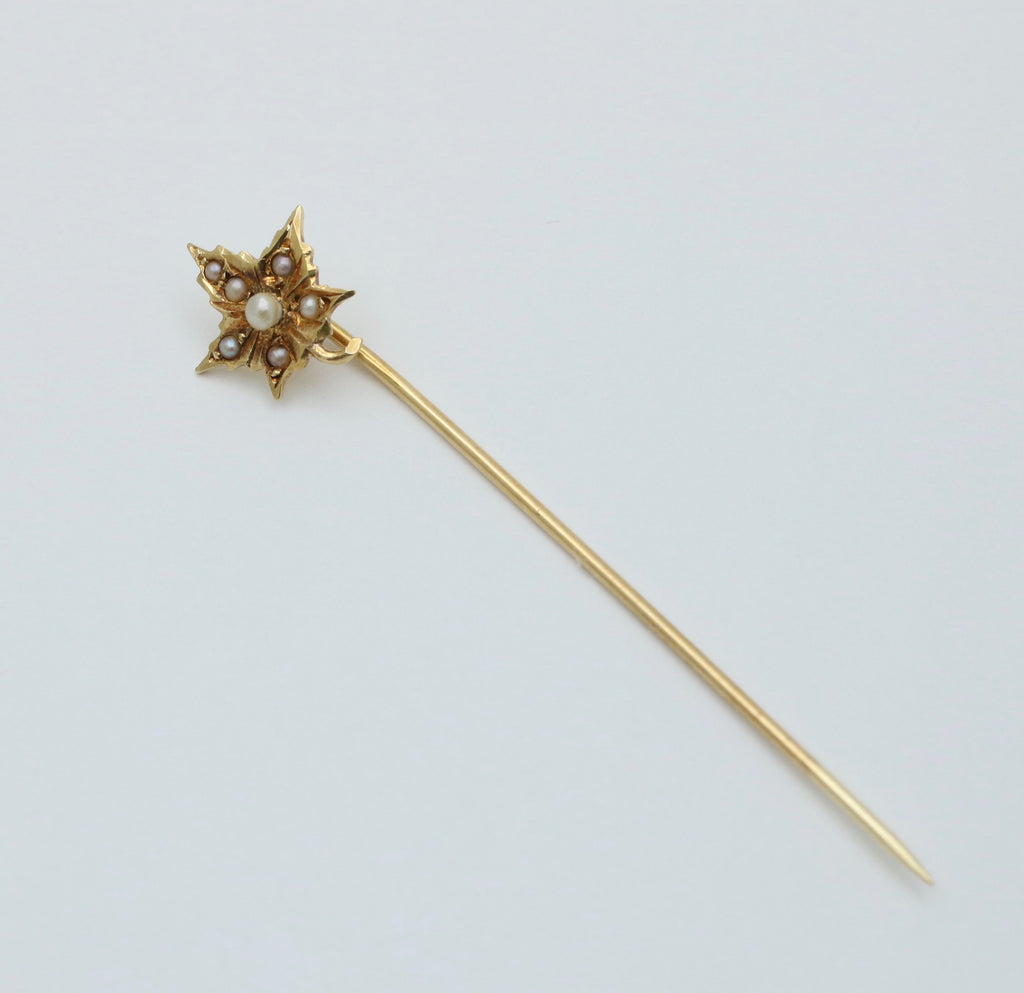 Vintage 14K Yellow Gold Pearl Leaf Stick Pin.