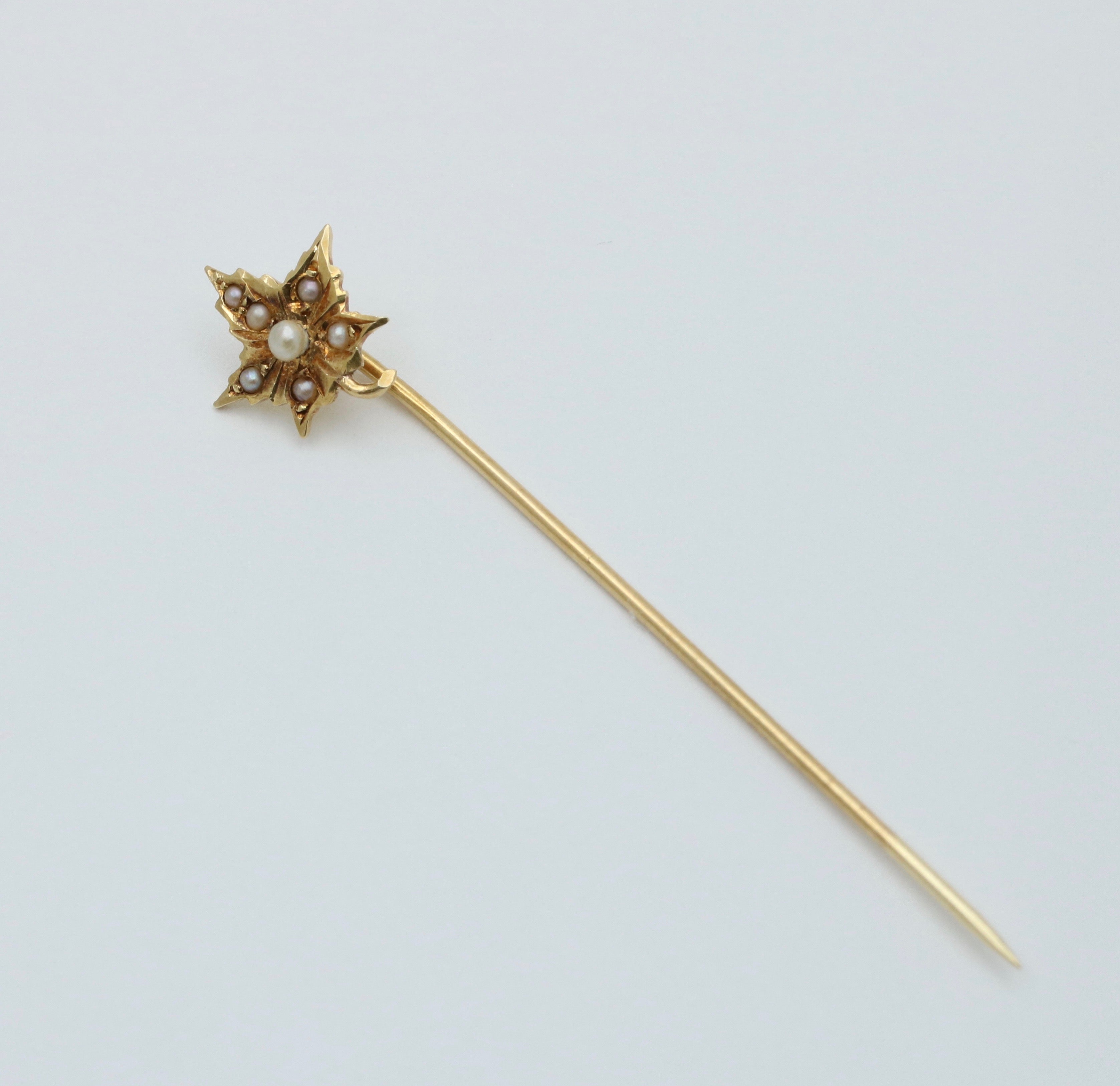 Vintage 14K Yellow Gold Pearl Leaf Stick Pin.
