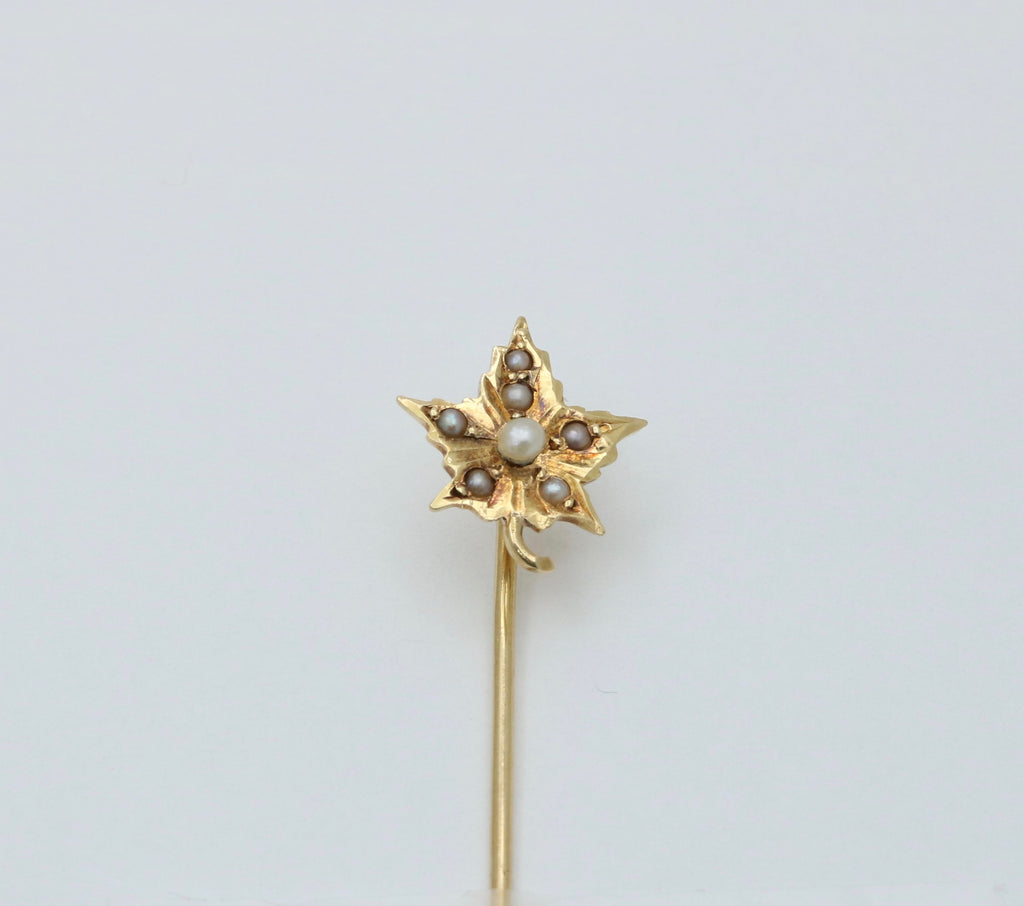Vintage 14K Yellow Gold Pearl Leaf Stick Pin.
