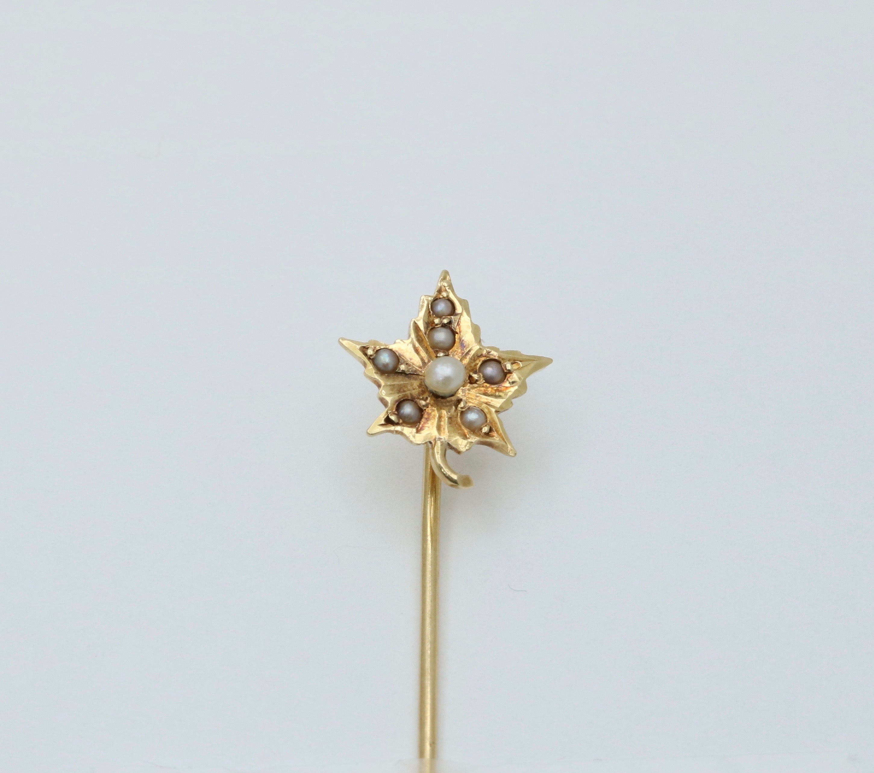Vintage 14K Yellow Gold Pearl Leaf Stick Pin.