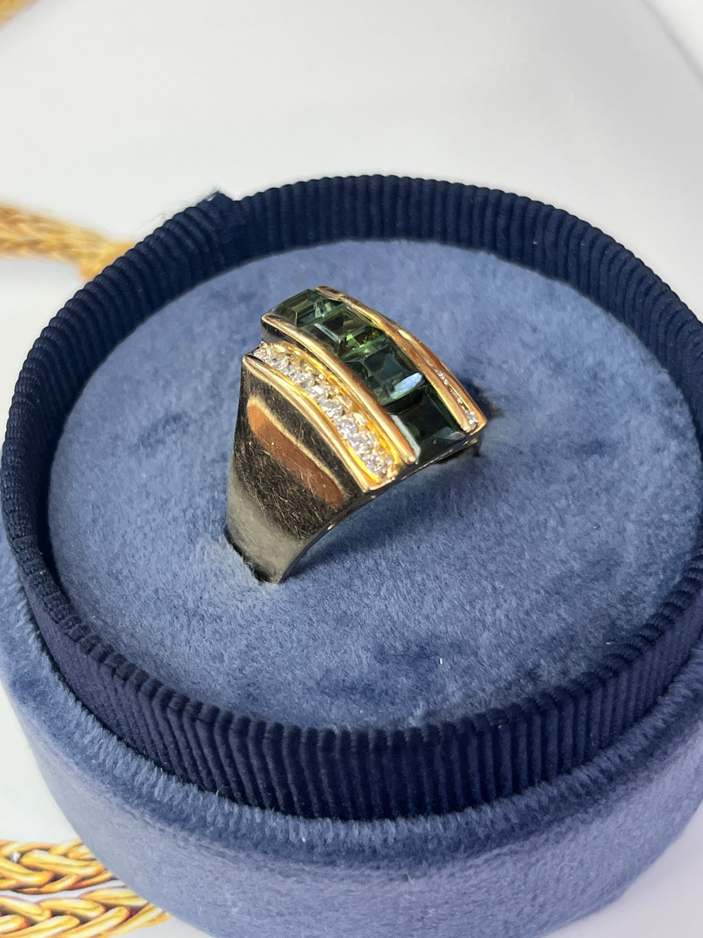Funky Green Stone & Diamond 14K Yellow Gold Statement Ring