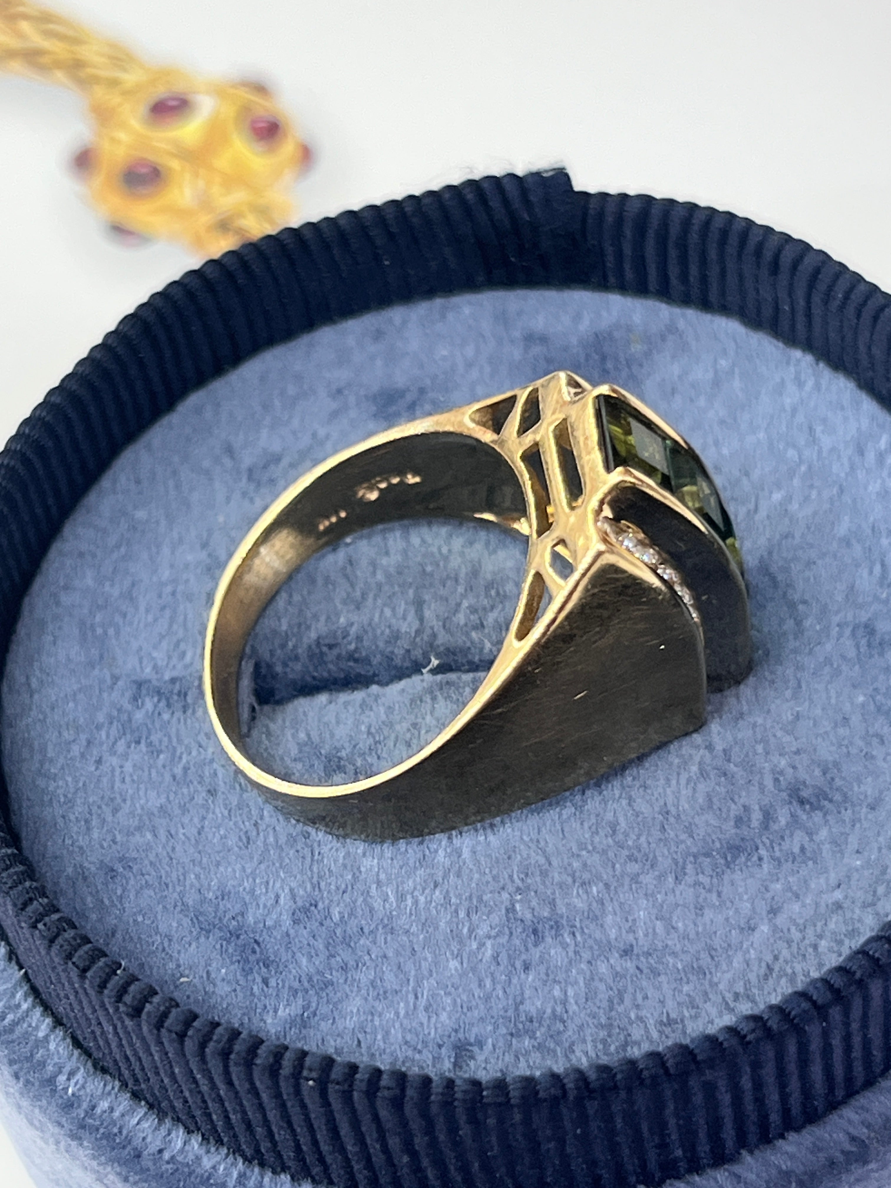 Funky Green Stone & Diamond 14K Yellow Gold Statement Ring