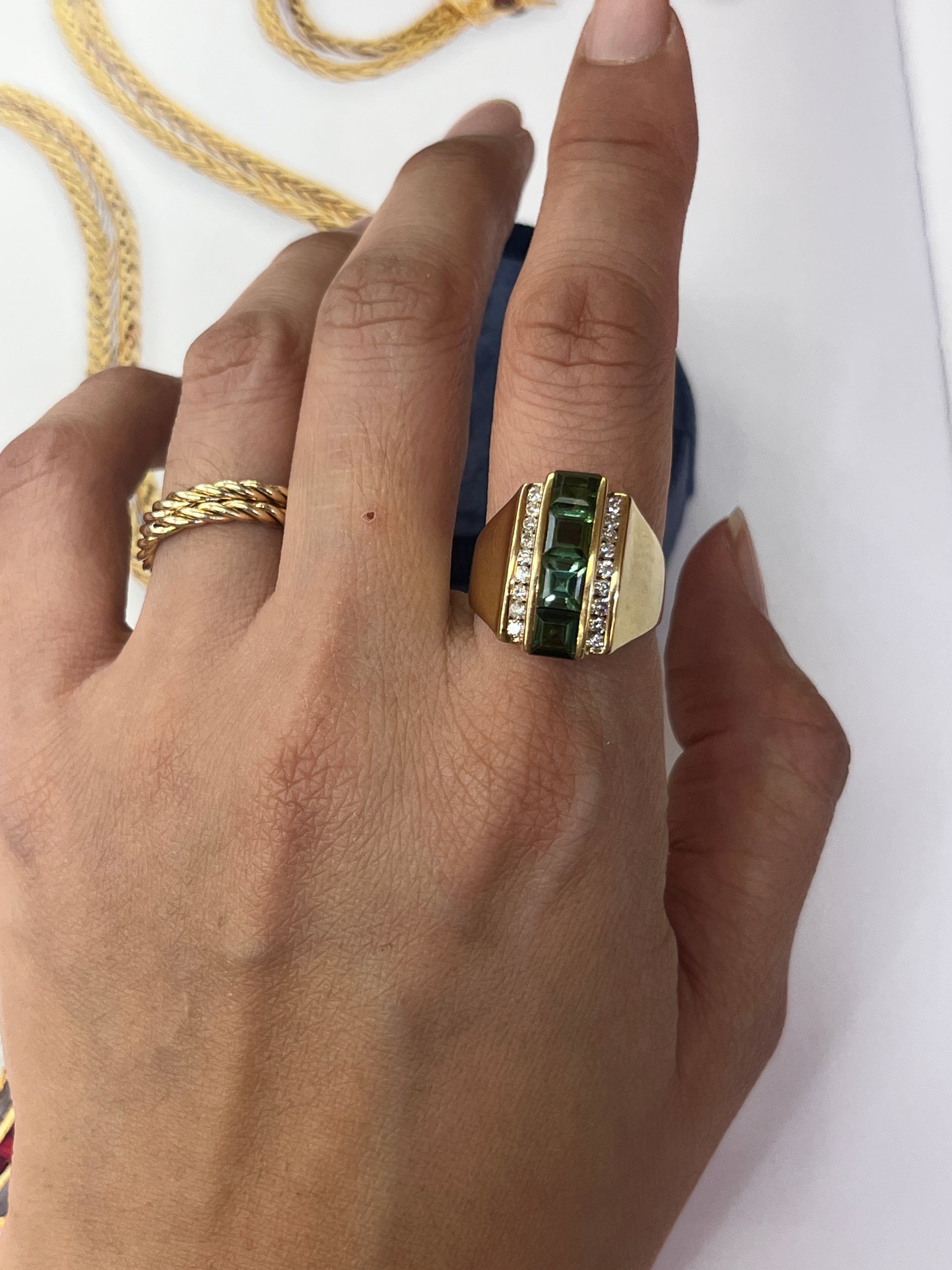 Funky Green Stone & Diamond 14K Yellow Gold Statement Ring