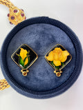 Vintage Cloisonné Open & Close Rose 18K Gold & Sterling Silver Studs Earrings.