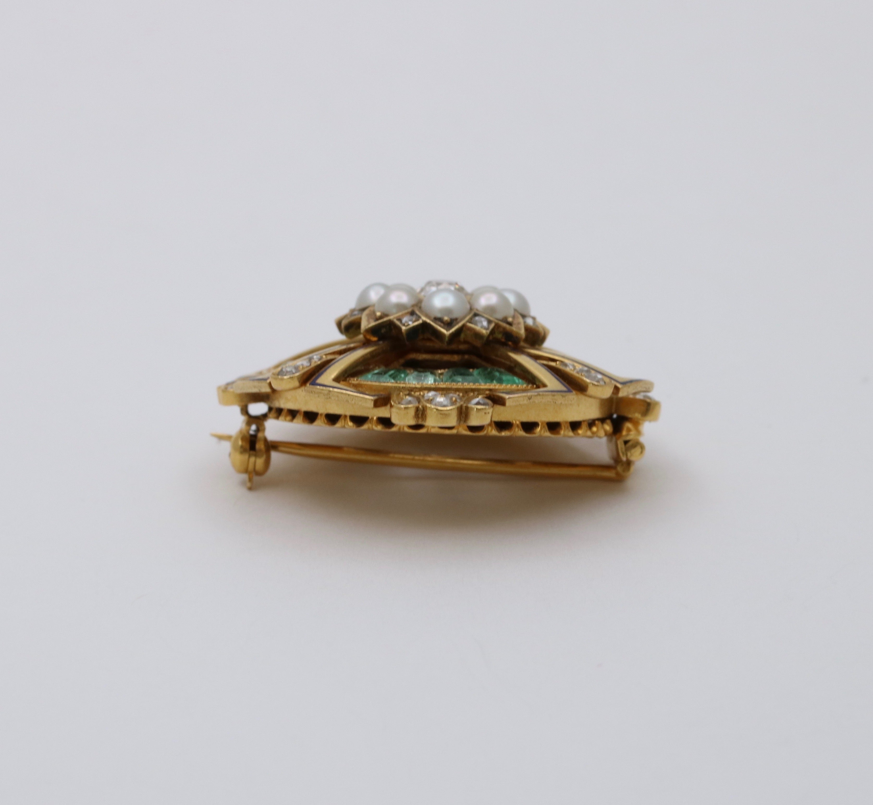 Antique 14K Yellow Gold Emerald, Diamond and Pearl Brooch