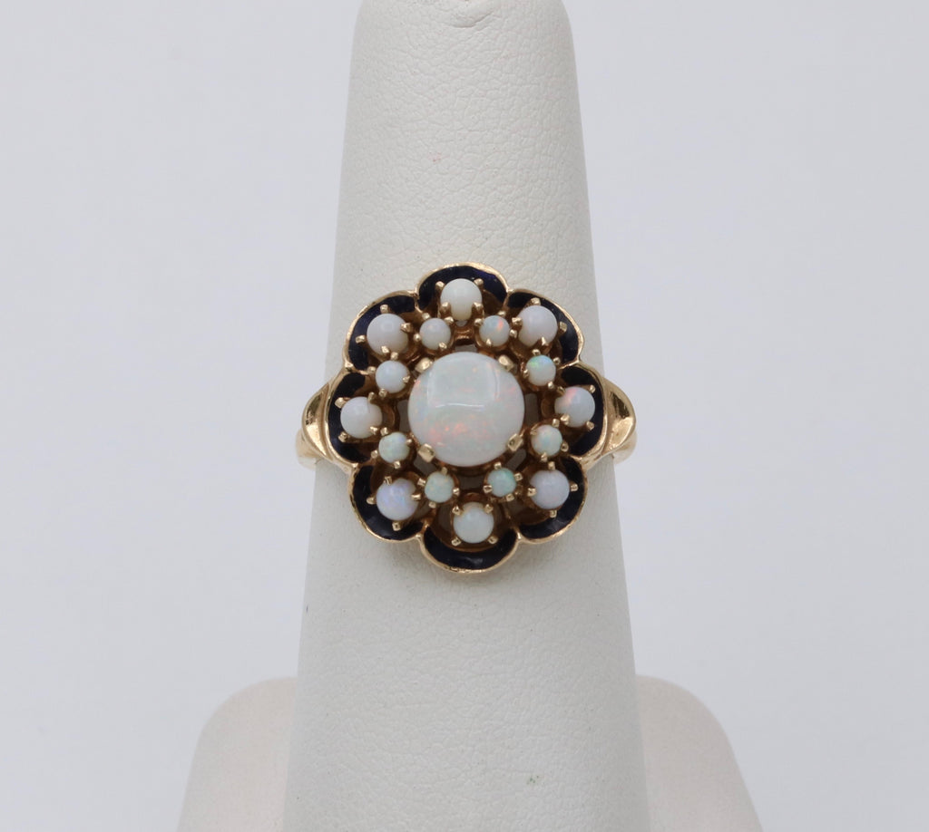 Antique 14K Yellow Gold Opal Black Enamel Cluster Ring
