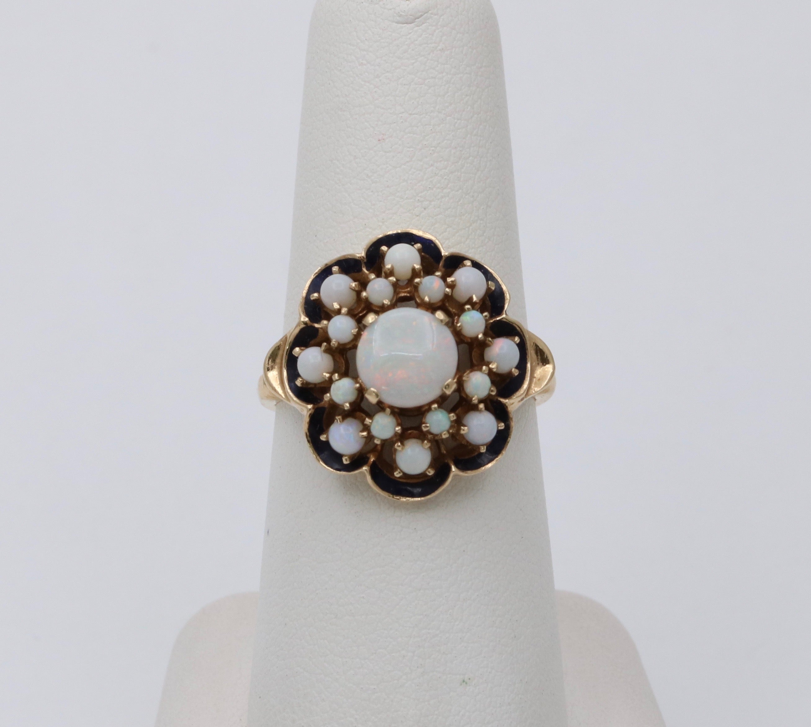 Antique 14K Yellow Gold Opal Black Enamel Cluster Ring