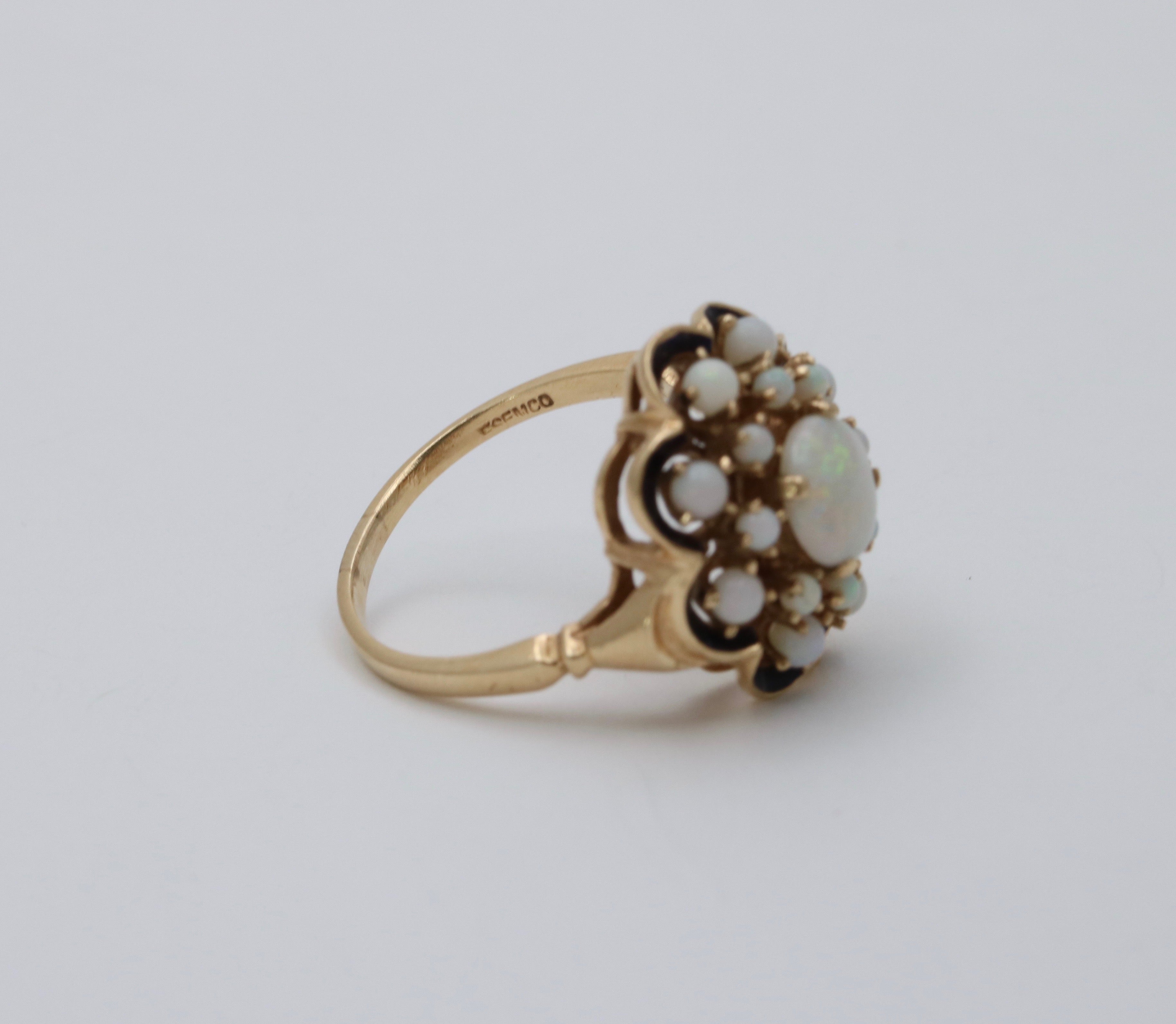 Antique 14K Yellow Gold Opal Black Enamel Cluster Ring