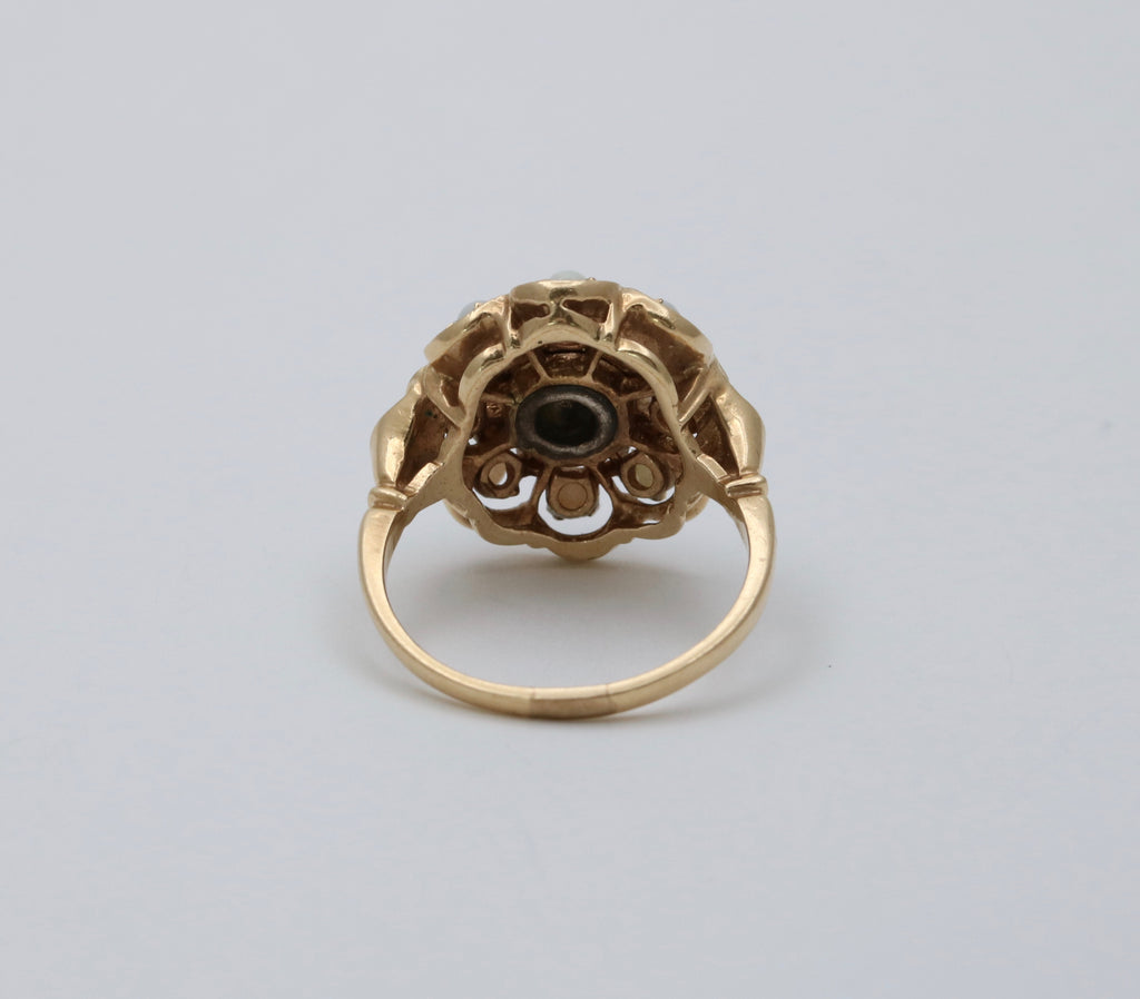 Antique 14K Yellow Gold Opal Black Enamel Cluster Ring