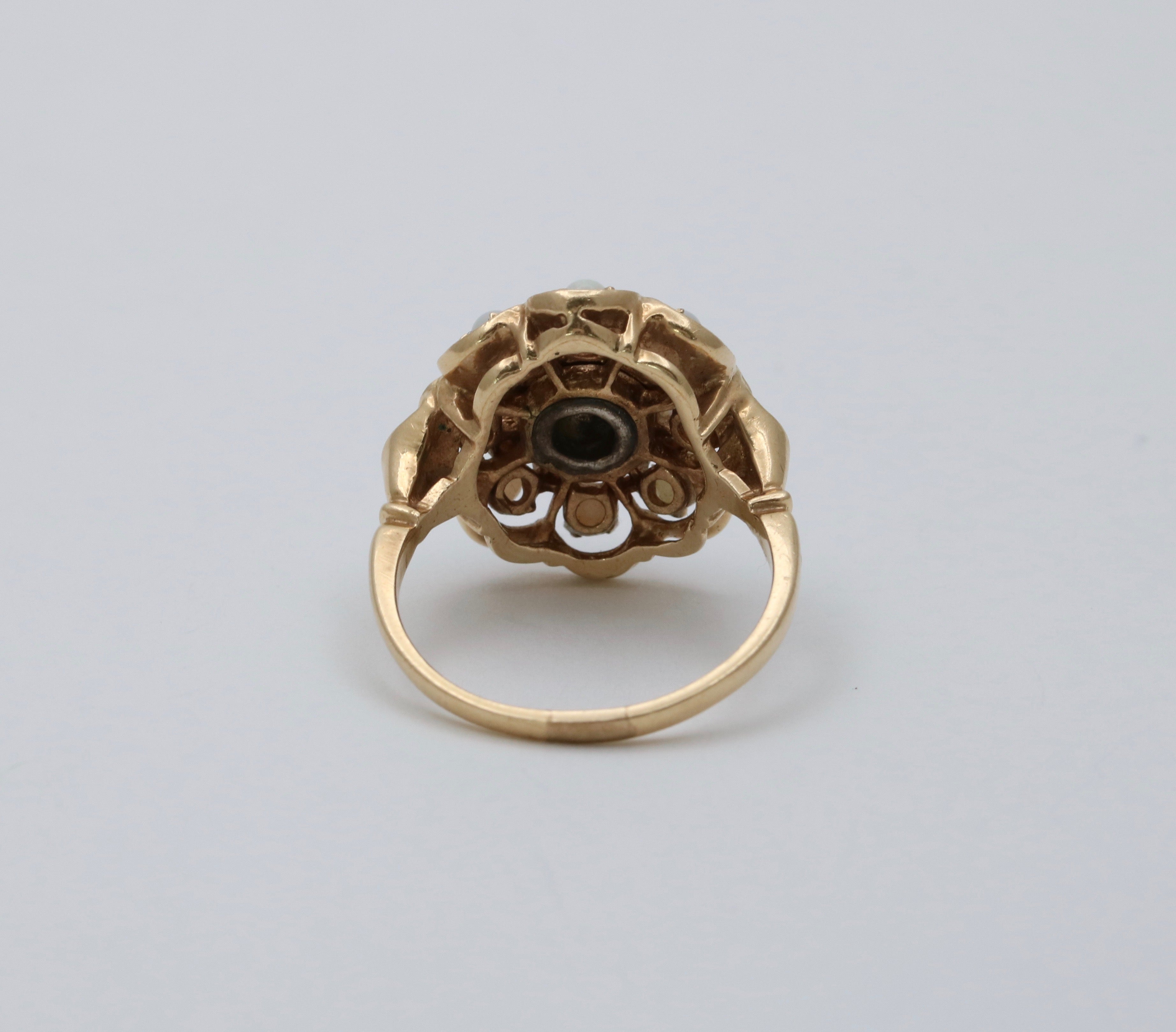 Antique 14K Yellow Gold Opal Black Enamel Cluster Ring