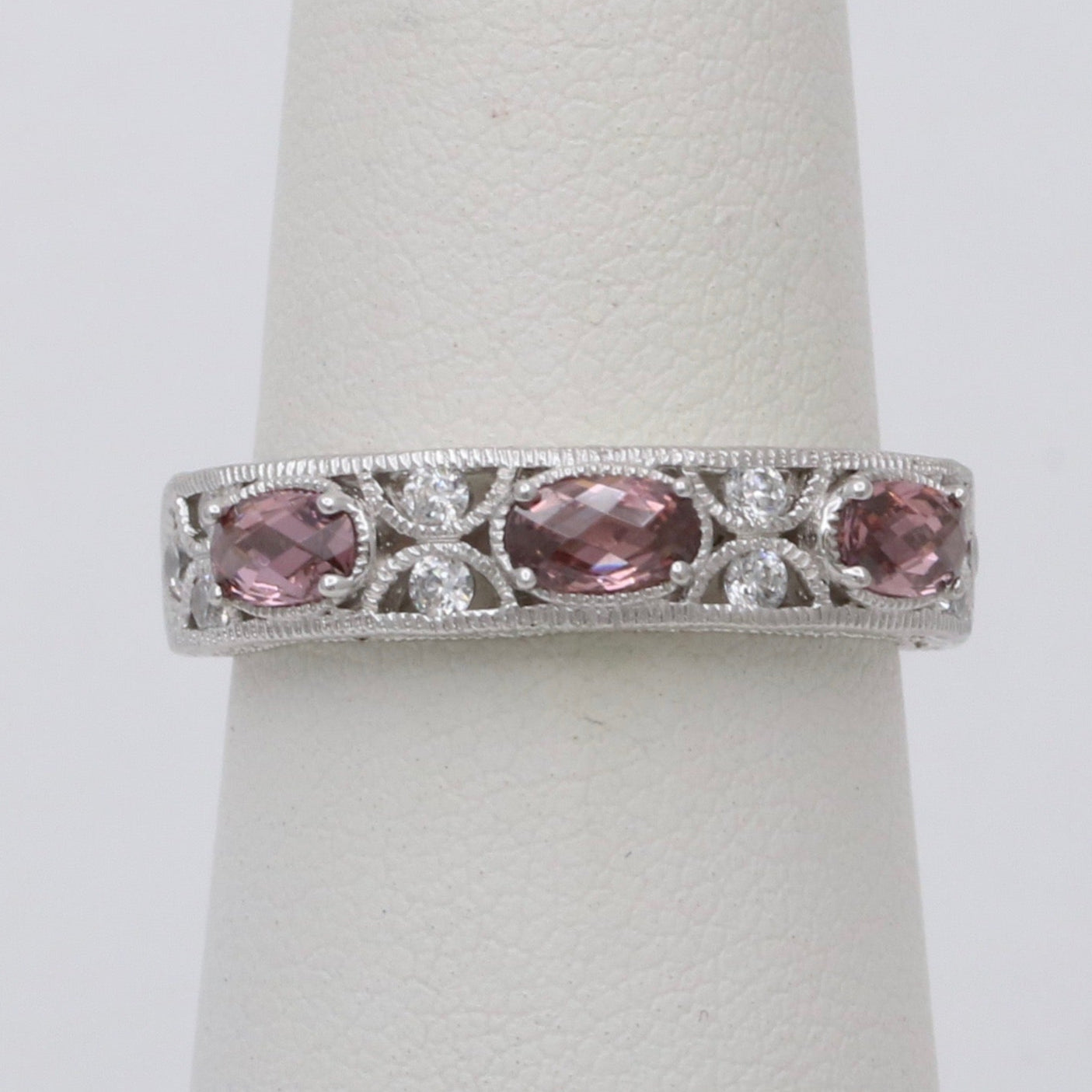 Vintage Tacori Sterling Silver Milgrain Pink Topaz Band